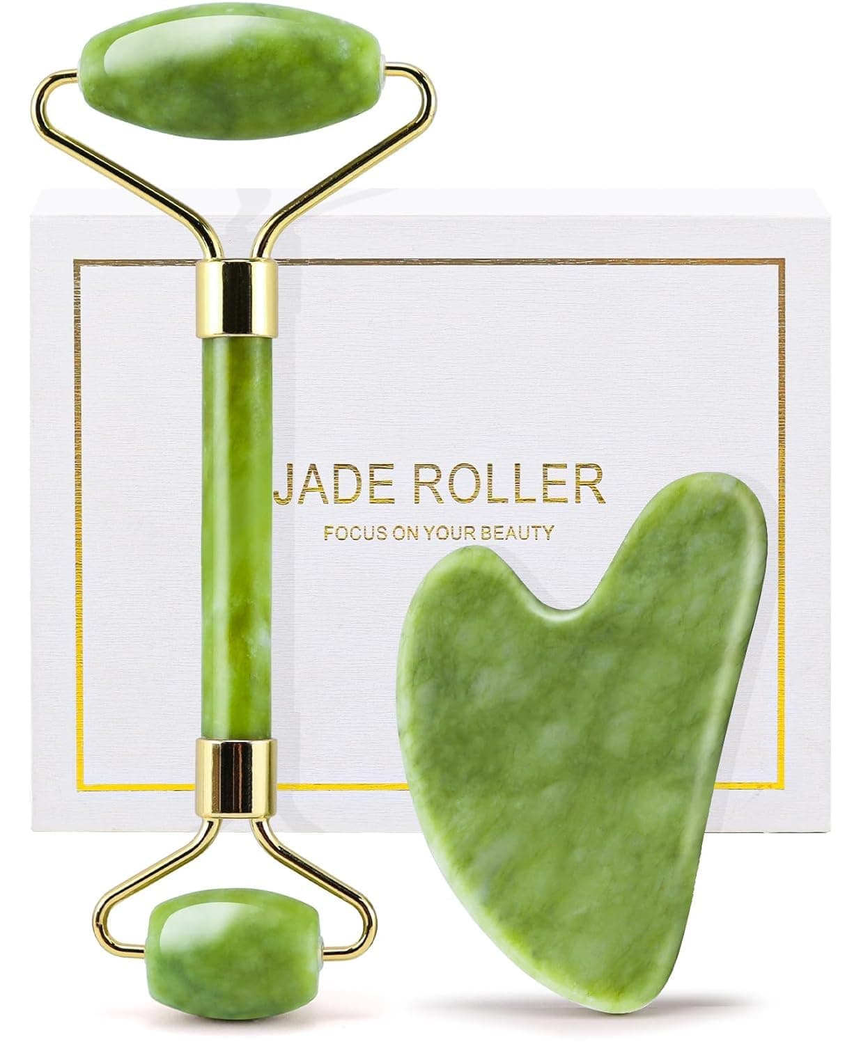 huefull Genuine Jade Roller Set and Gua Sha for Face, Cooling and Firming Effect, Carving Tool for Jaw and Skin Care, Self Care Gift for Women and