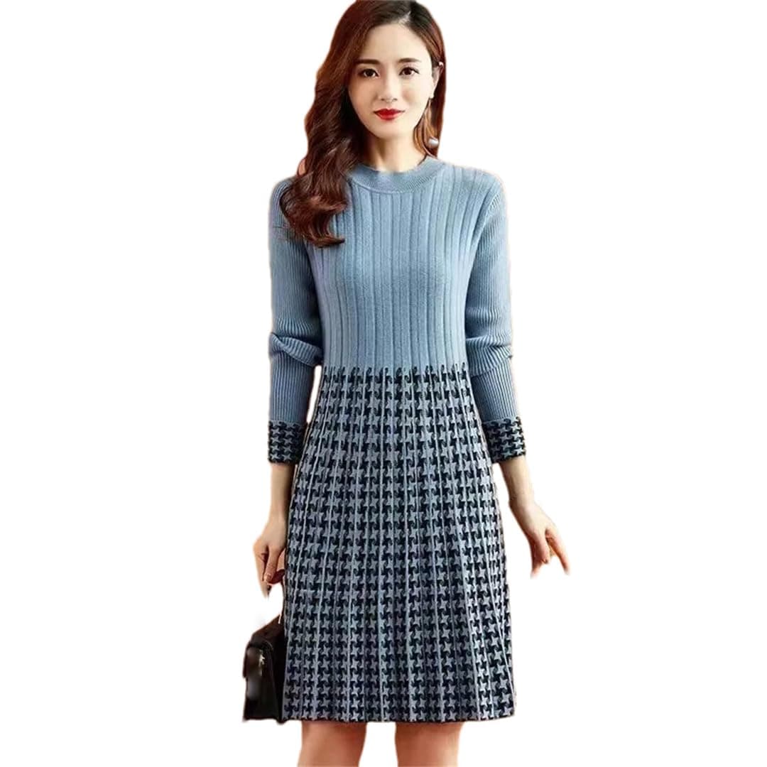 GenericThick Patchwork Knitted Dress A-Line 2 Piece Sweater Dresses Winter Slim Knee-Length Robe Elegant Knitwear