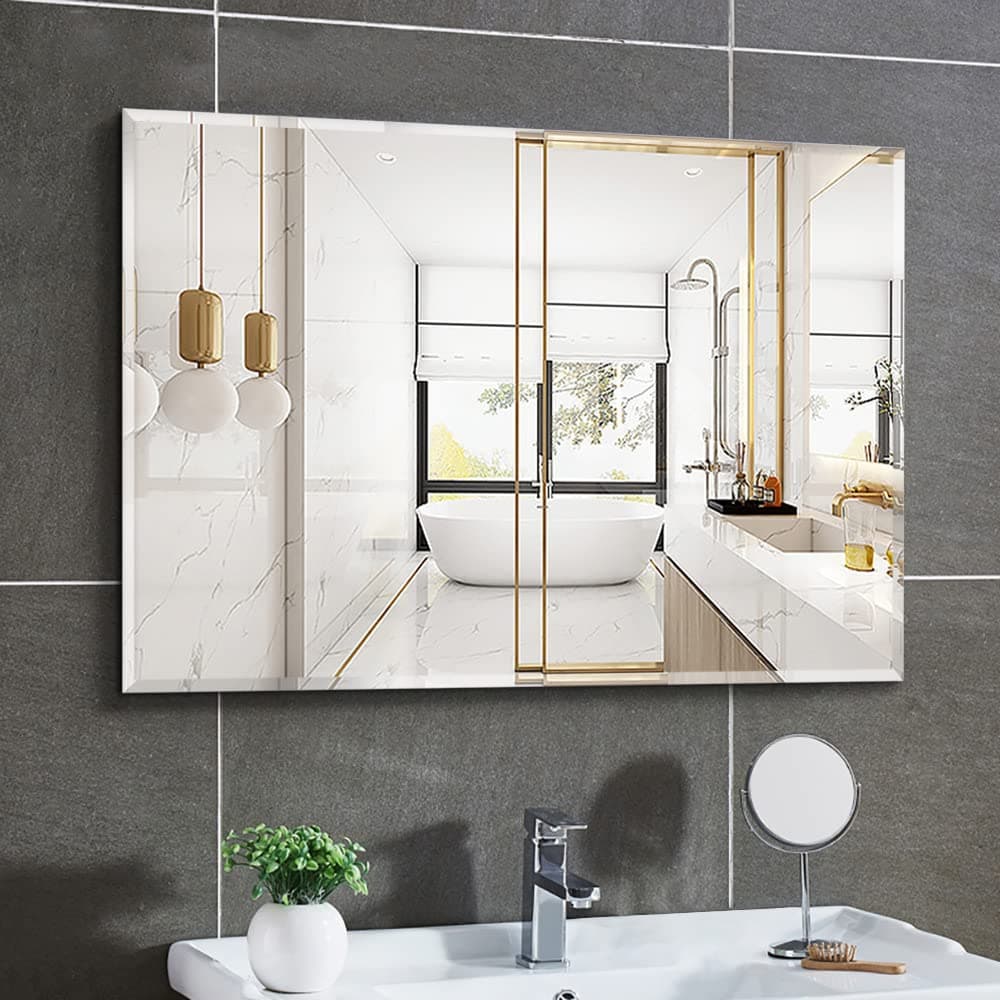 Wall Glass Mirror, Rectangle Bathroom Self Adhesive Mirror, 80 * 100CM Make Up Rectangular Mirror for Home Living Room Bedroom, Frameless Modern Vanity Mirror for Wall Tiles Decoration Hanging