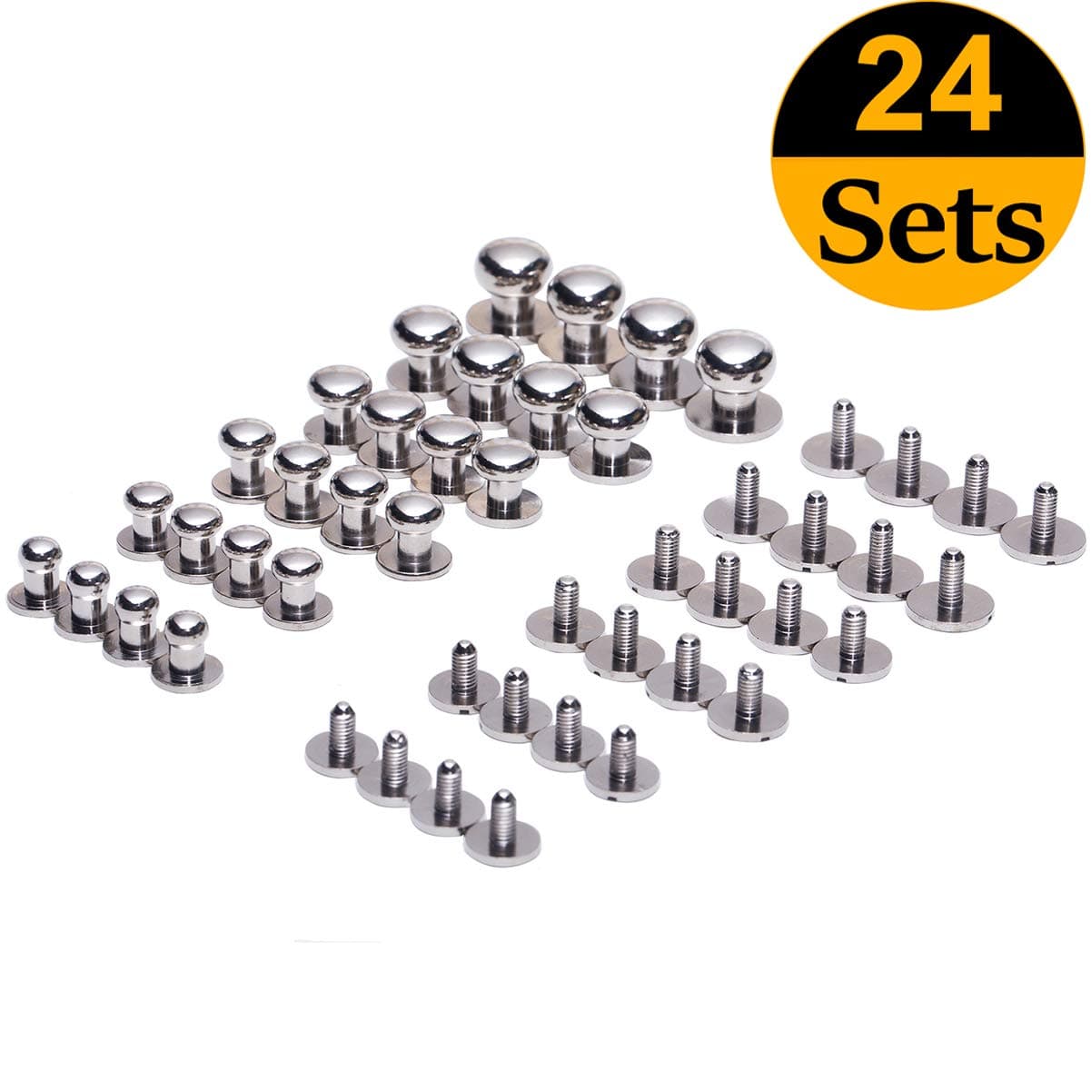 BALABALA 24 Sets Sam Solid Brass Button Studs Rivets Screwback Screw Back Spots for DIY Leather Craft Belt Purse Handbag and More (4 Sets per Size)