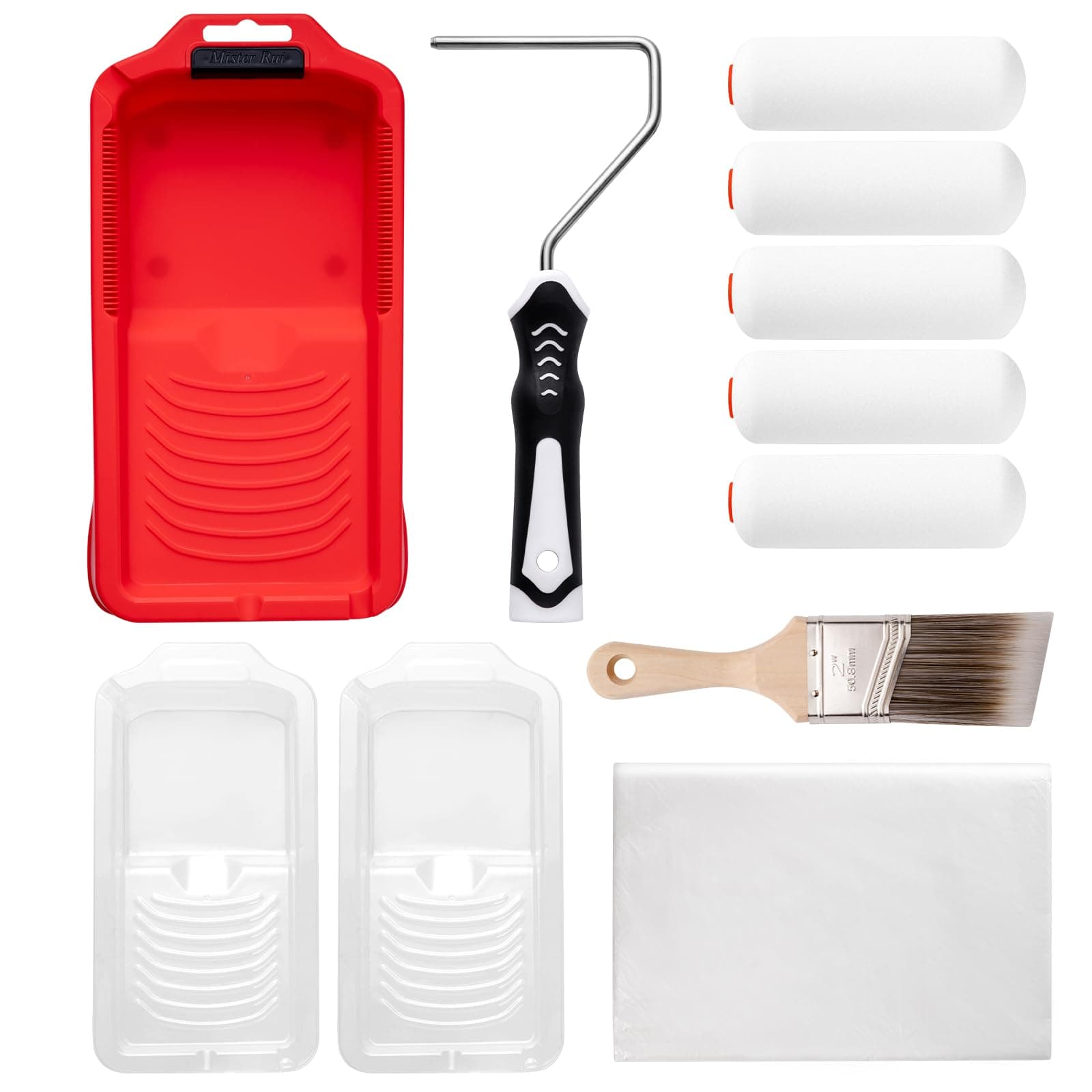 Mister Rui 11-Piece Foam Paint Roller Kit, 4-Inch Roller with Ergonomic Handle, Magnetic Paint Tray & Liners, High-Density Foam Covers with Brush, Painting Supplies for Walls, Cabinets, and Trim