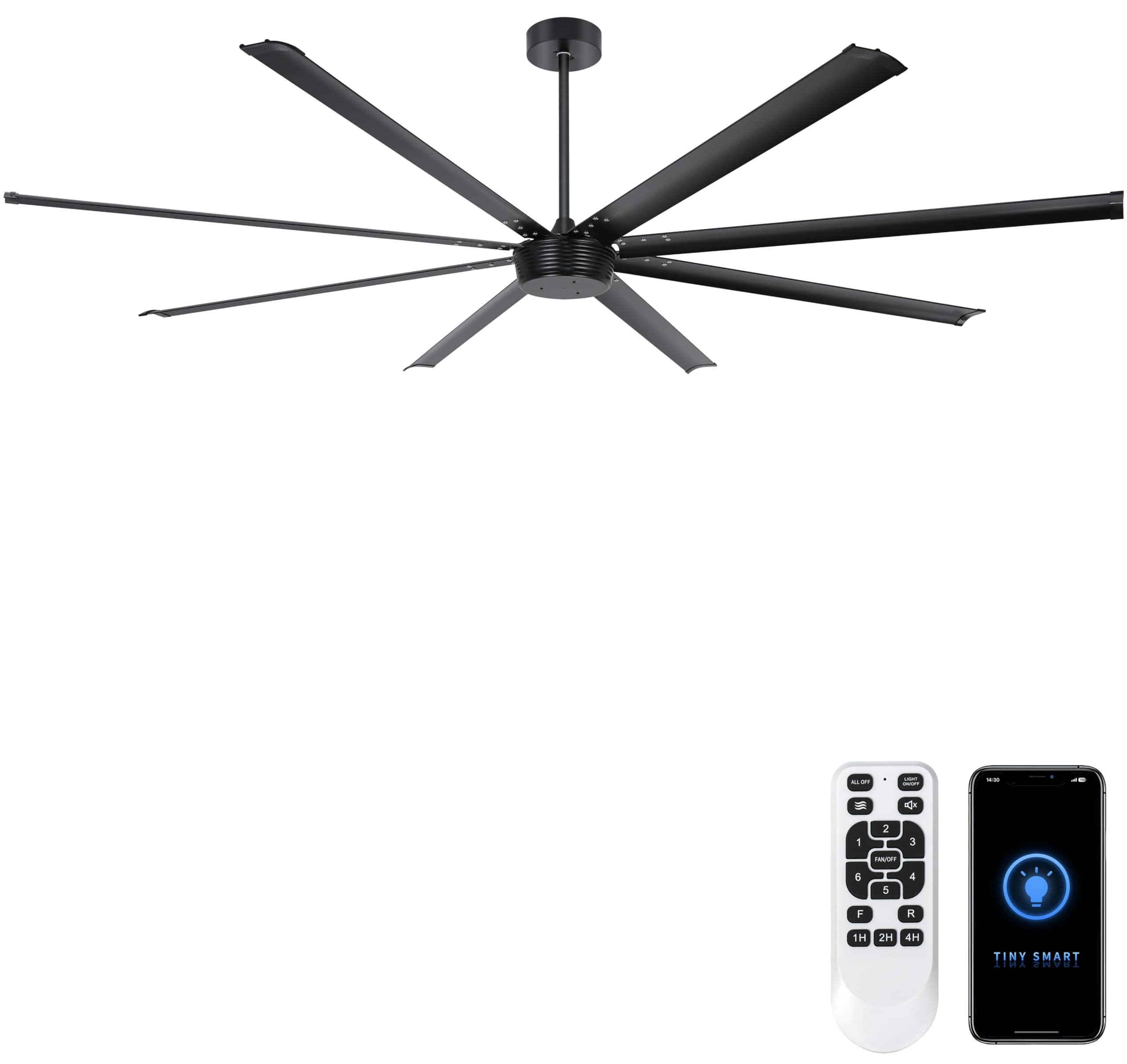 Ohniyou 96'' Industrial Ceiling Fan No Light - High CFM Large Metal Fan with 8 Aluminum Blades, Remote/APP Controlled, DC Motor, for Shop, Warehouse, Gym, Black