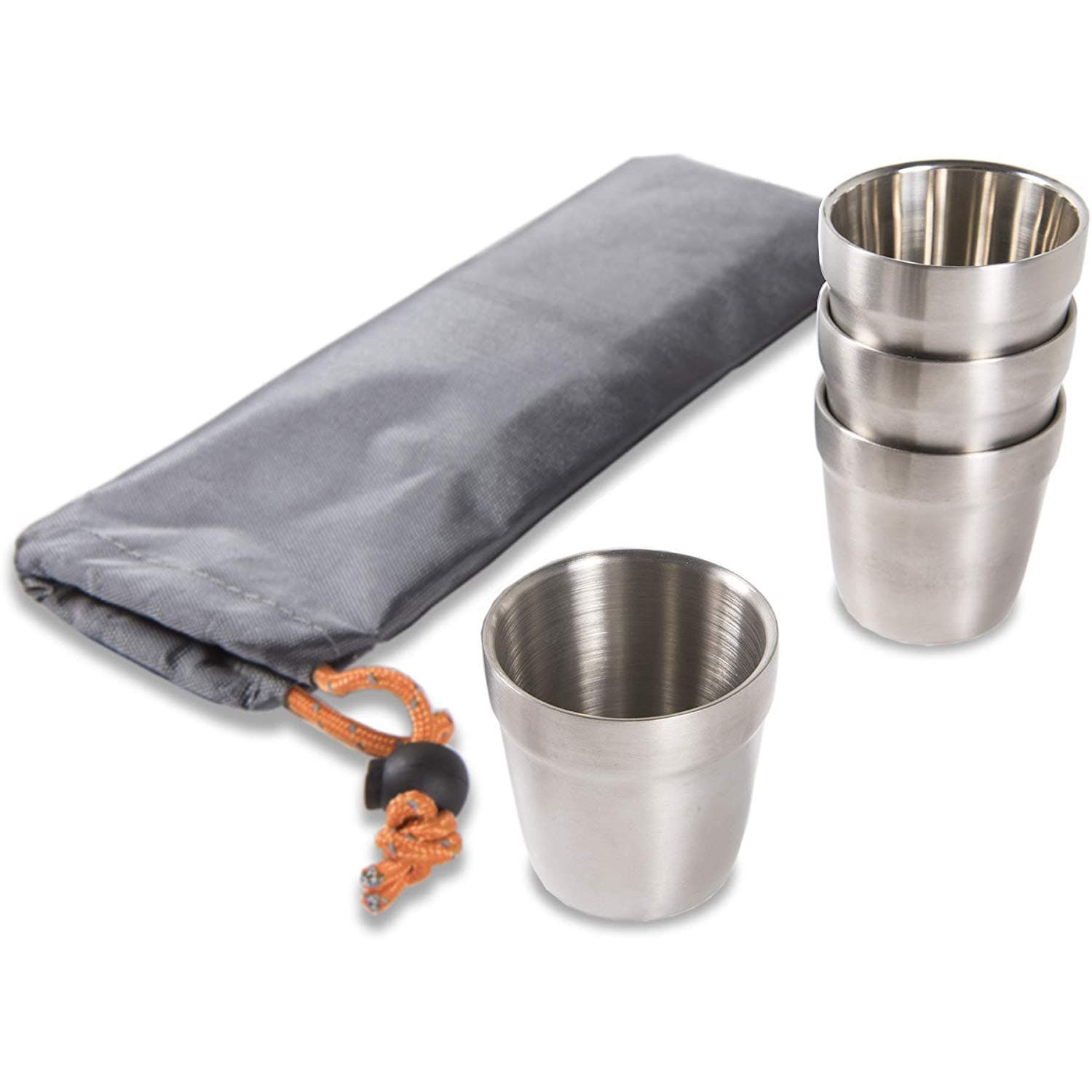nCamp - Camping Coffee Cup Set, Insulated Stainless Steel Cups, Stackable Metal Cups, Stainless Steel Cup With Nylon Drawstring Bag, Made With 304 Stainless Steel, 6 oz, 4-Piece Set