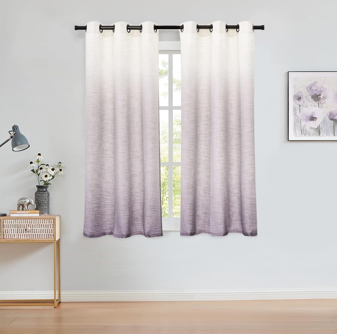 Central Park Ombre Window Curtain Panel Linen Gradient Print on Rayon Blend Fabric Drapery Treatments for Living Room/Bedroom, Cream White to Lavender/Purple, 40" x 63", Set of 2