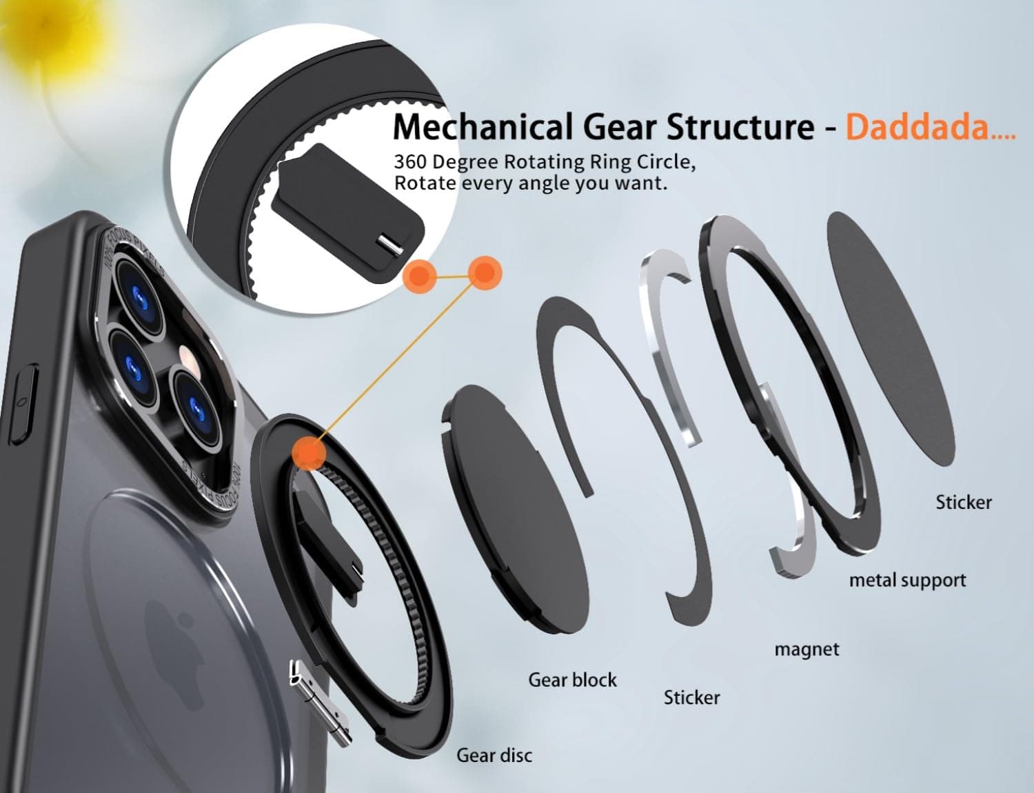 360 Rotatable Magnetic Ring Kickstand Phone Case for iPhone 16 Pro Case,Compatible with Magsafe,Military Grade Shockproof Translucent for iPhone16 Pro Protective Case - 6.3 inch,Black