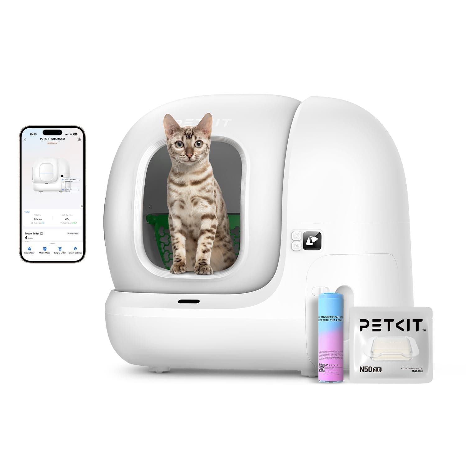 - PETKIT PuraMax 2 Automatic Self-Cleaning Cat Litter Box, App Control Automatic Litter Box with Safety Sensors, Odor Free & Anti-Leakage Basic Bundle Includes Trash Bags,2.4G WiFi & Low Entrance