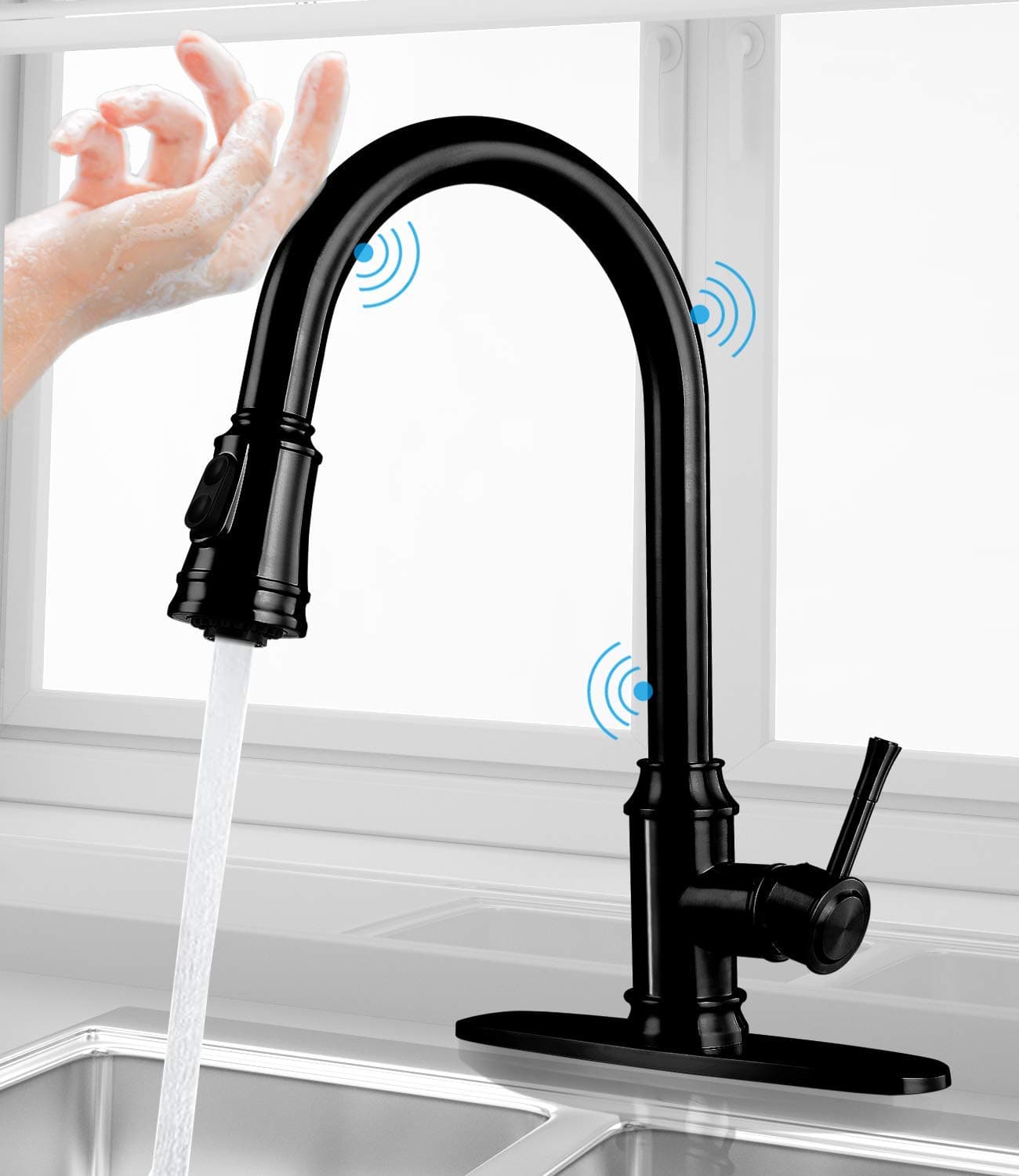 CWM Touch Kitchen Faucets with Pull Down Sprayer Stainless Steel Kitchen Sink Faucet with Pull Out Sprayer Single Handle Touch Activated Faucet with Two Water Modes (Matt Black, Touch Kitchen Faucet)