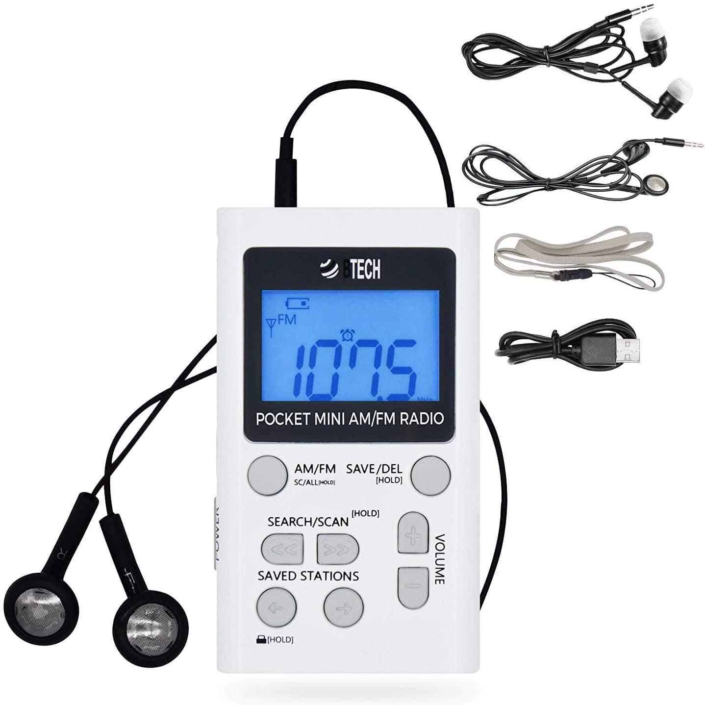 BTECH MPR-AF1 AM FM Personal Radio with Two Types of Stereo Headphones, Clock, Great Reception and Long Battery Life, Mini Pocket Walkman Radio with Headphones (White)