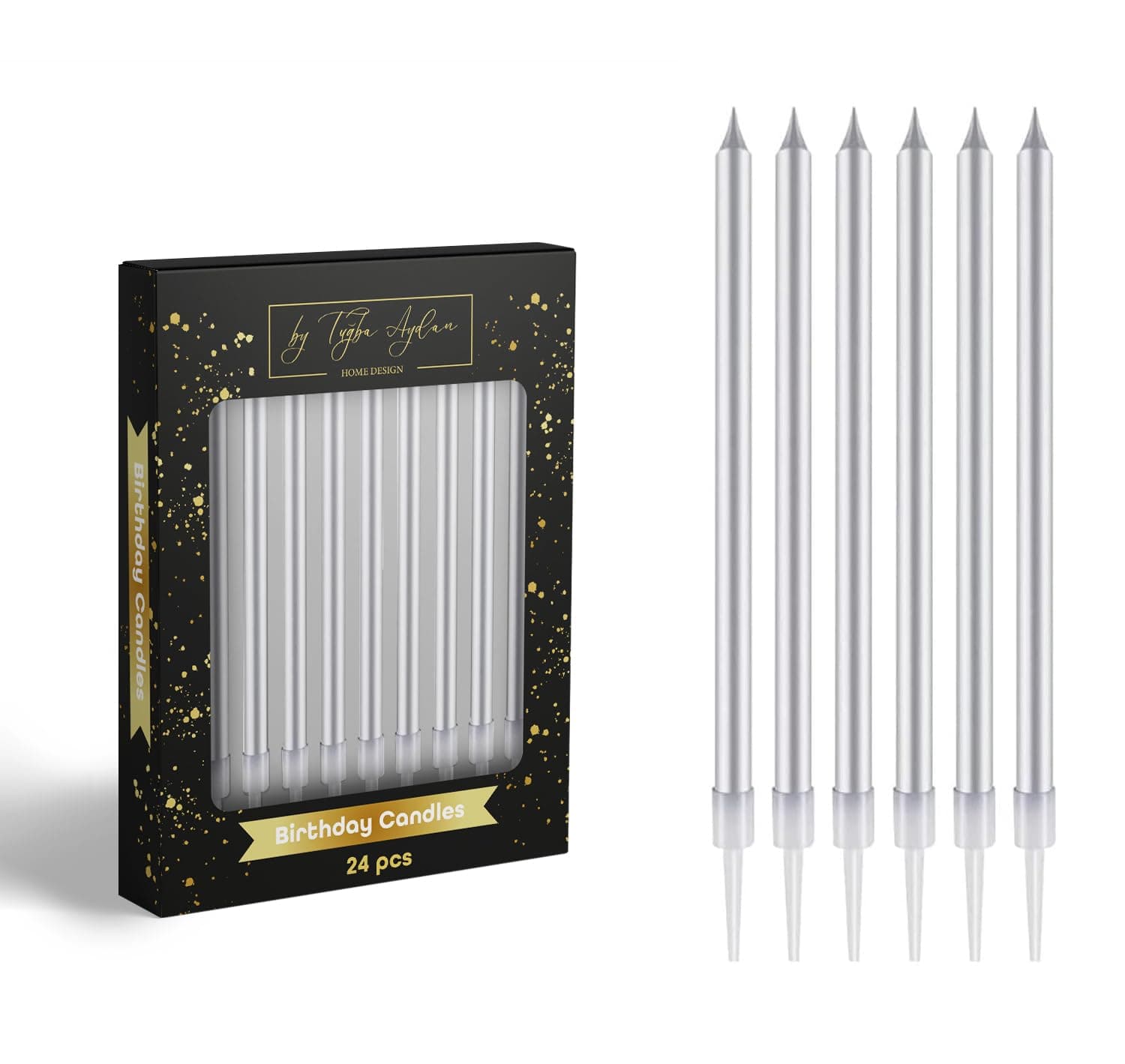 by Tugba Aydan - 24 Count Long Thin Silver Birthday Candles, Metallic Cake Candle for Birthday, Party Candles