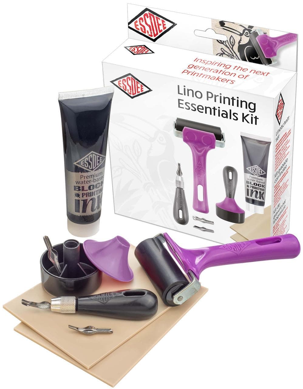 ESSDEE Block Printing Essentials Kit Includes 2 Ink Rollers, 3 Lino Cutters, Lino Handle, Printing Ink and Carving Block || Used in Art, Craft and Carving Stamps || Made in The UK
