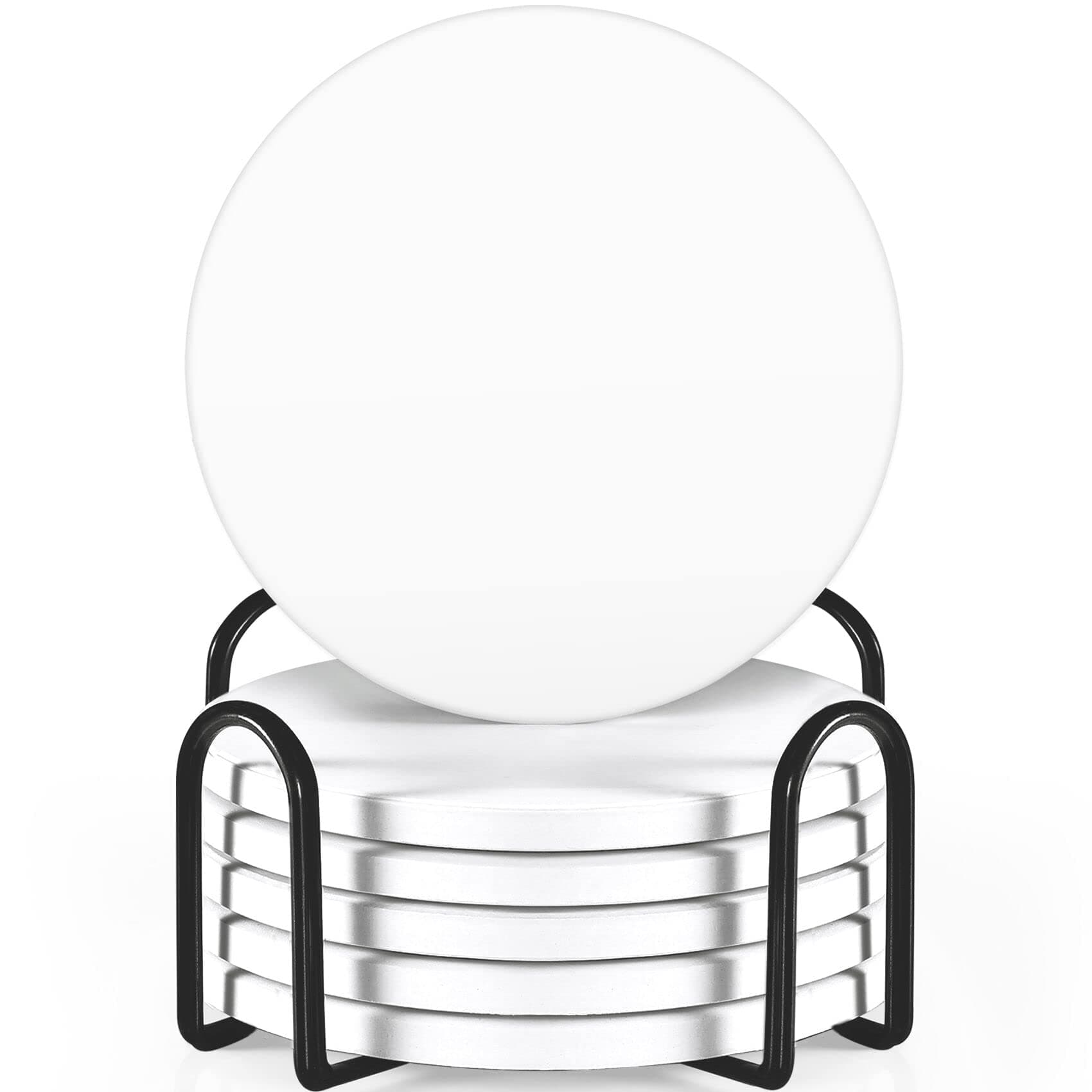 ABenkle Coasters for Drinks with Holder, Marble Ceramic Absorbent Drinking Coasters Set of 6, Cork Base, Housewarming Gift for Home Decor - White