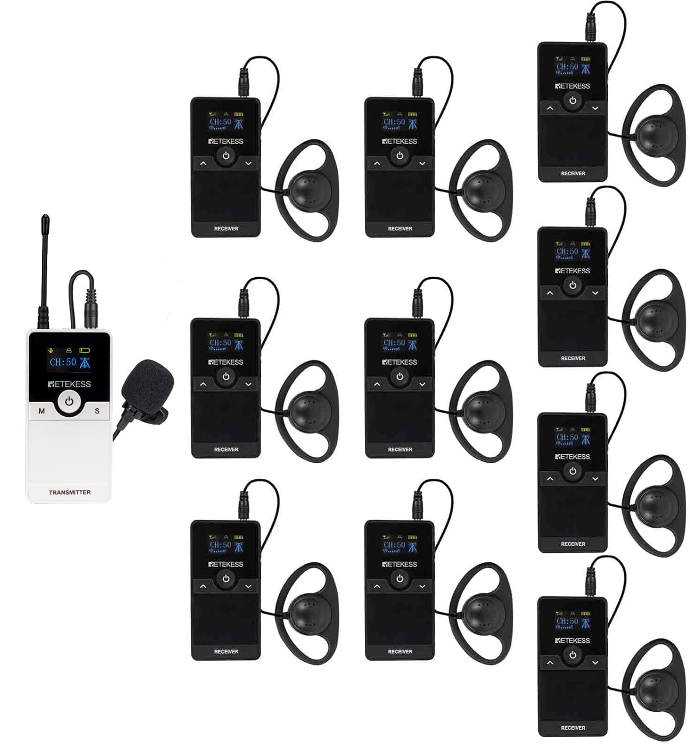Retekess TT116 Wireless Tour Guide System, Translation Device, One Key Mute, Assistive Listening Device for Tour Guides, Church(1 Transmitter 10 Receivers)