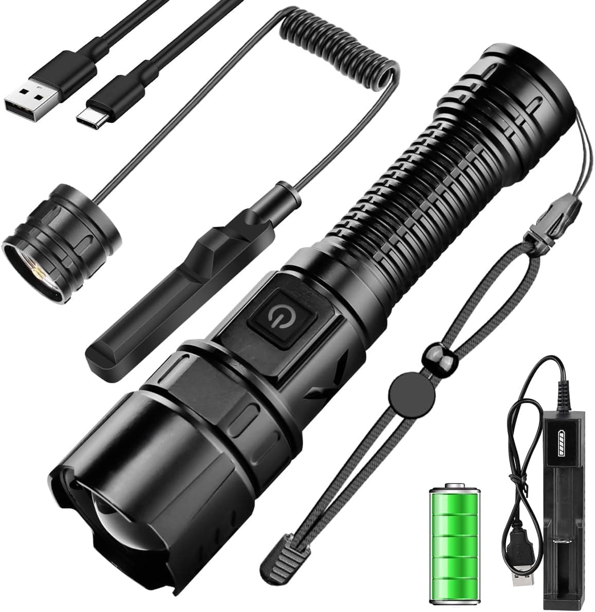 WholeFireLED Flashlight XHP70 Rechargeable Flashlight 10000 Lumens 5 Modes Handheld Flashlight Torch Light Waterproof LED Remote Pressure Switch USB Cable