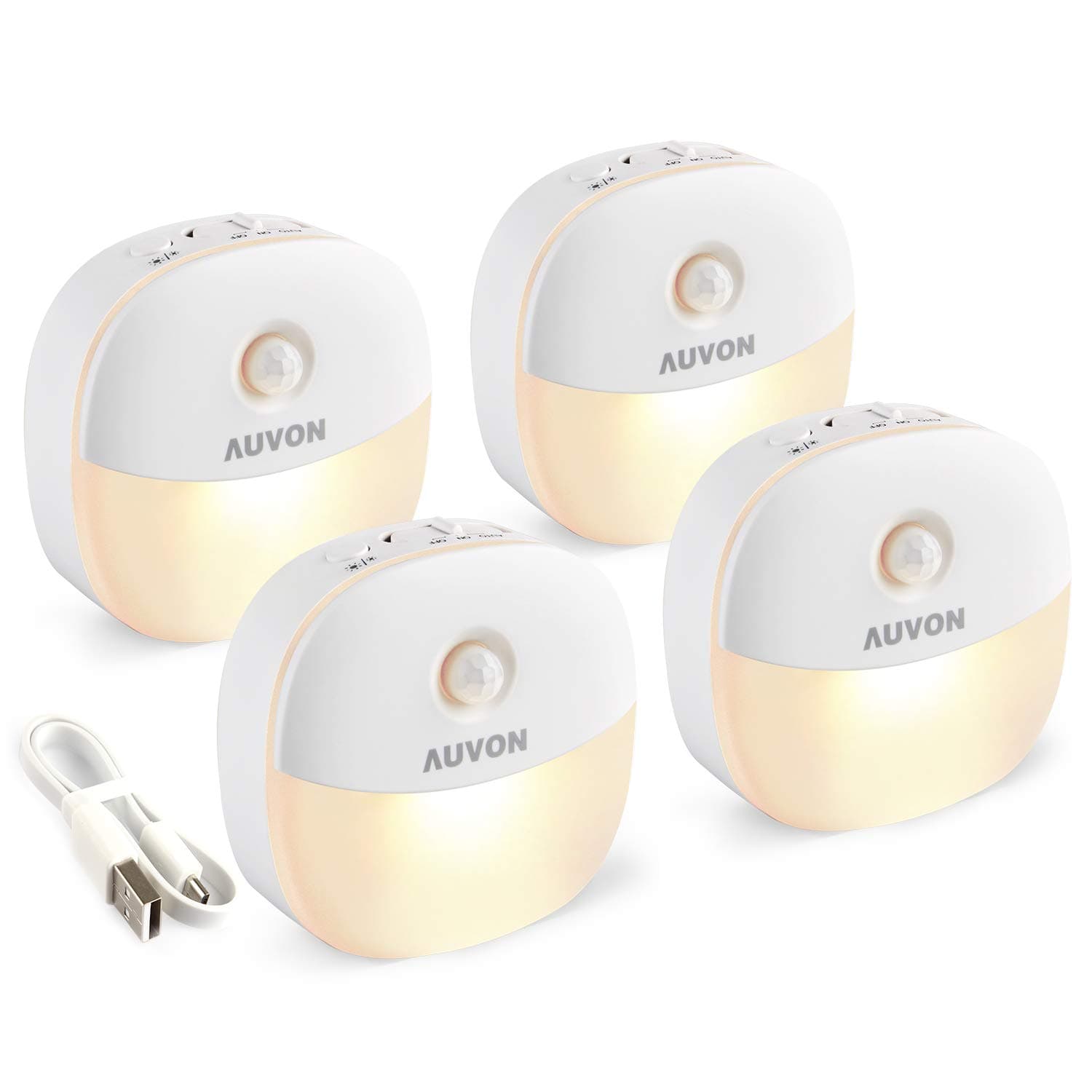 AUVON Rechargeable Battery Night Light, Mini with Motion Sensor, Warm White LED Stick-On Closet Light with Dusk to Dawn Sensor, Adjustable Brightness for Wall, Stairs, Hallway, Cabinet (4 Pack)