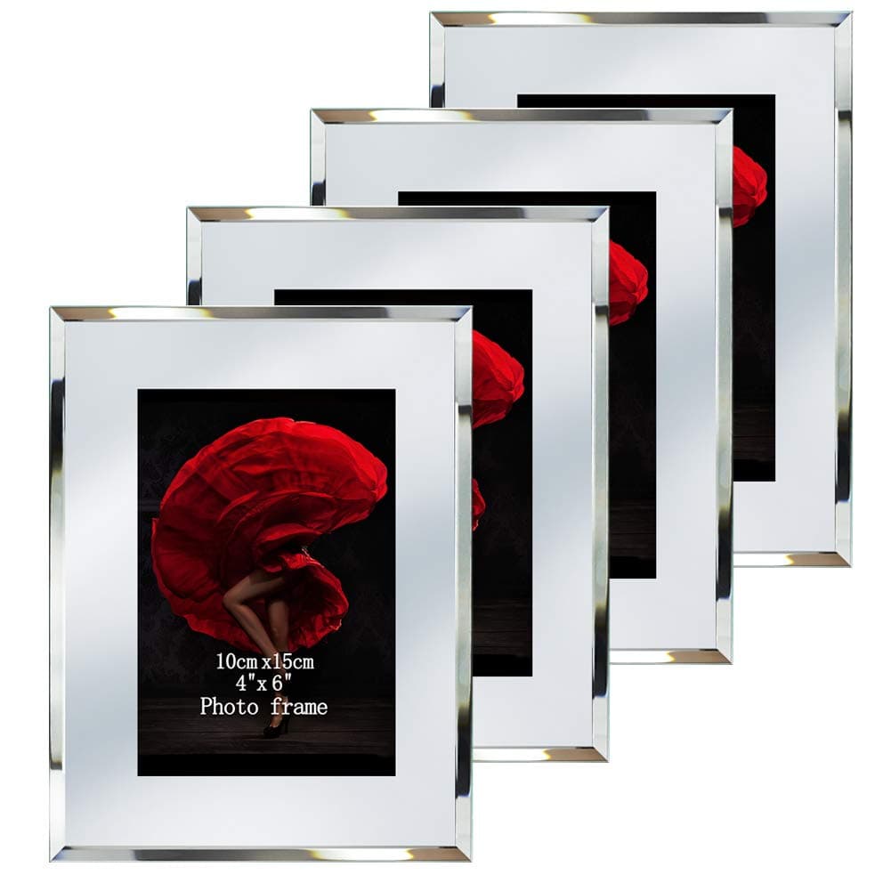 ZBEIVAN Picture Frames 4x6 Mirrored Edge Glass 4pcs Vertical Horizontal Desk Tabletop Standing Multi 6x4 Photo Frame Bulk Set