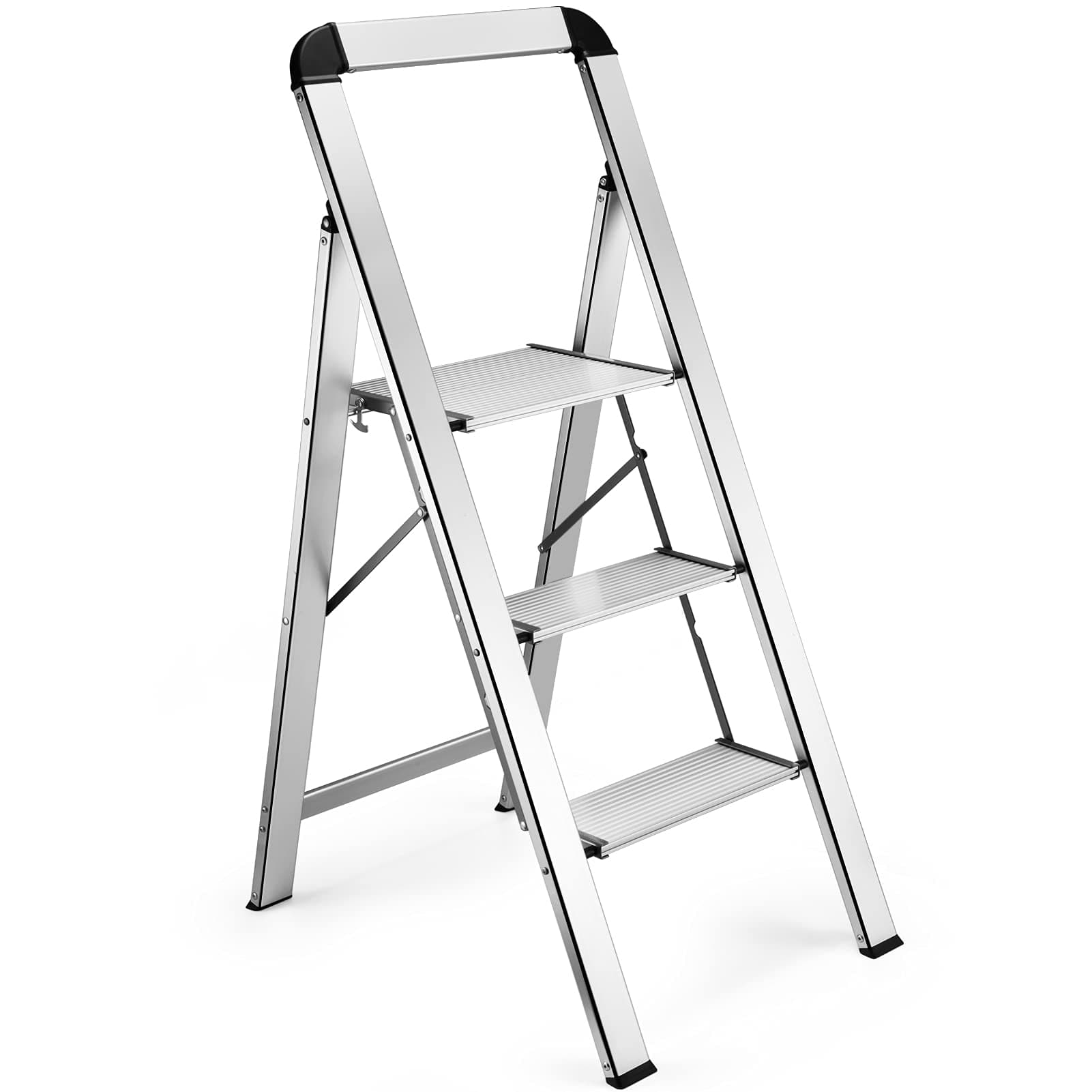Delxo Step Stool Folding Ladder - 3 Step Stairs - Heavy Duty Aviation Grade Aluminum Silver Lightweight Sturdy Anti-Slip Portable & Collapsible - Long Handgrip - for Kitchen & Household - 330lbs