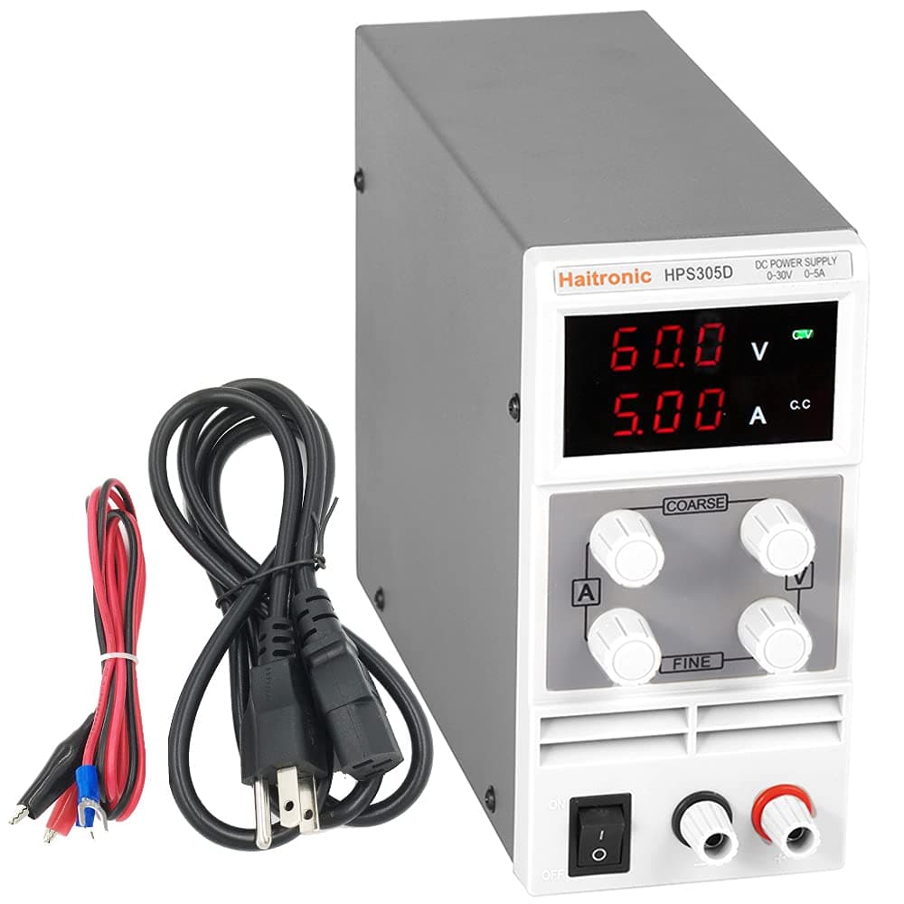 HPS605D, Adjustable Switching DC Power Supply, Precise Variable DC 0~60V @ 0~5A Output, 3 Digital Display with Alligator Cable and Power Cord