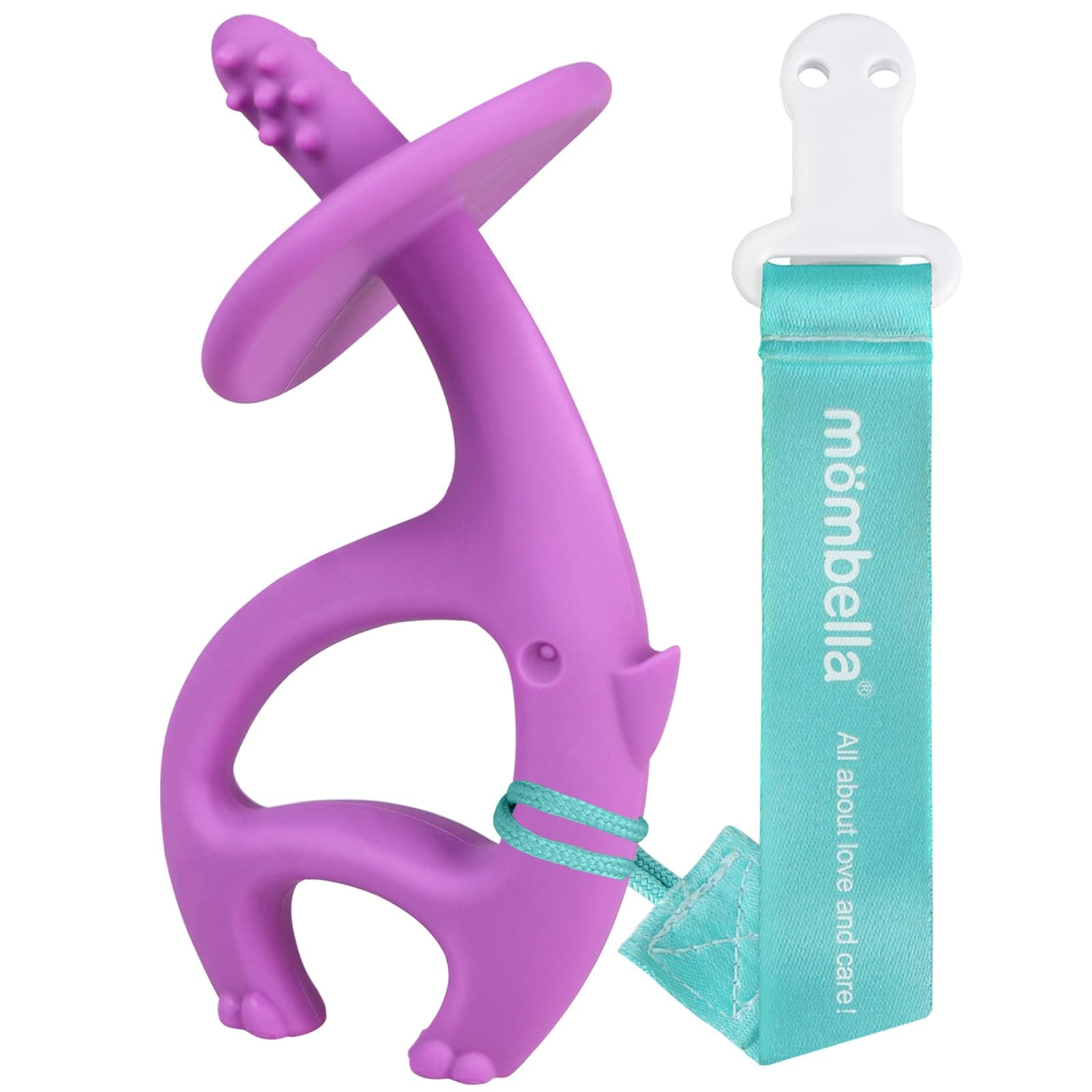 Mombella Purple Elephant Teether for Babies 3-12 Months, 2 in 1 Teether & Toothbrush, Soft Silicone, BPA Free