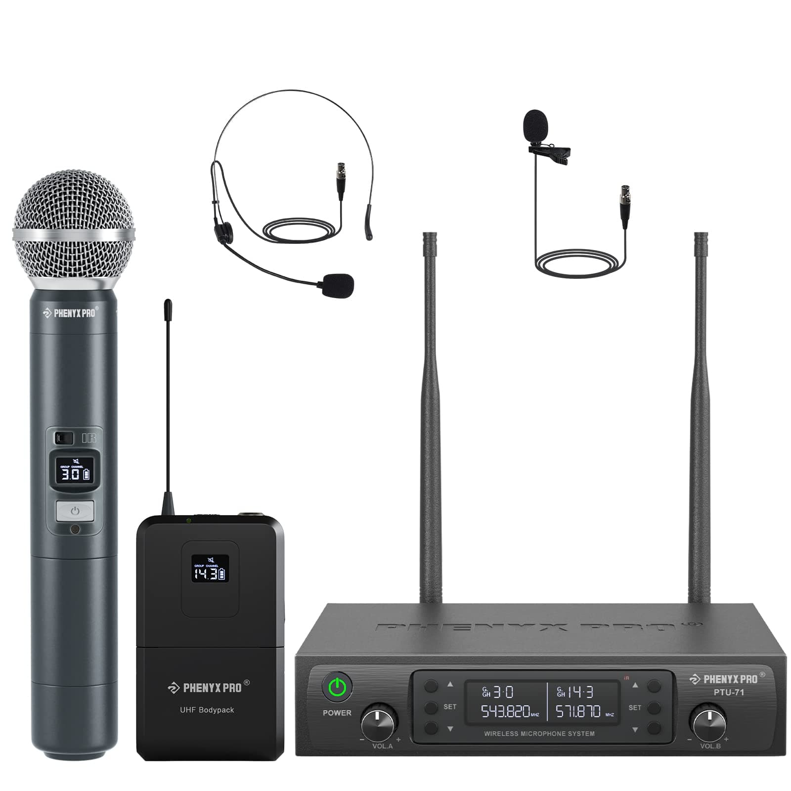 Phenyx Pro UHF Wireless Microphone System, Cordless Handheld/Bodypack/Lapel/Headset Mic Set, Multichannel,Professional Long Distance Performance, Ideal for Presentation, PA, Church (PTU-71-New)