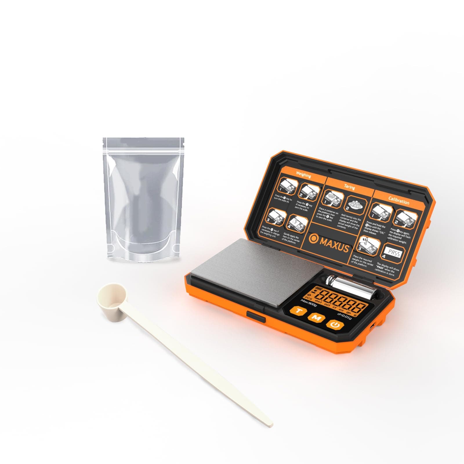 MAXUS 500g x 0.01g Digital Gram Scale with USB and Battery Power, Precision Pocket Scale with 50g Calibration Weight and Self-Sealing Cellophane Bags