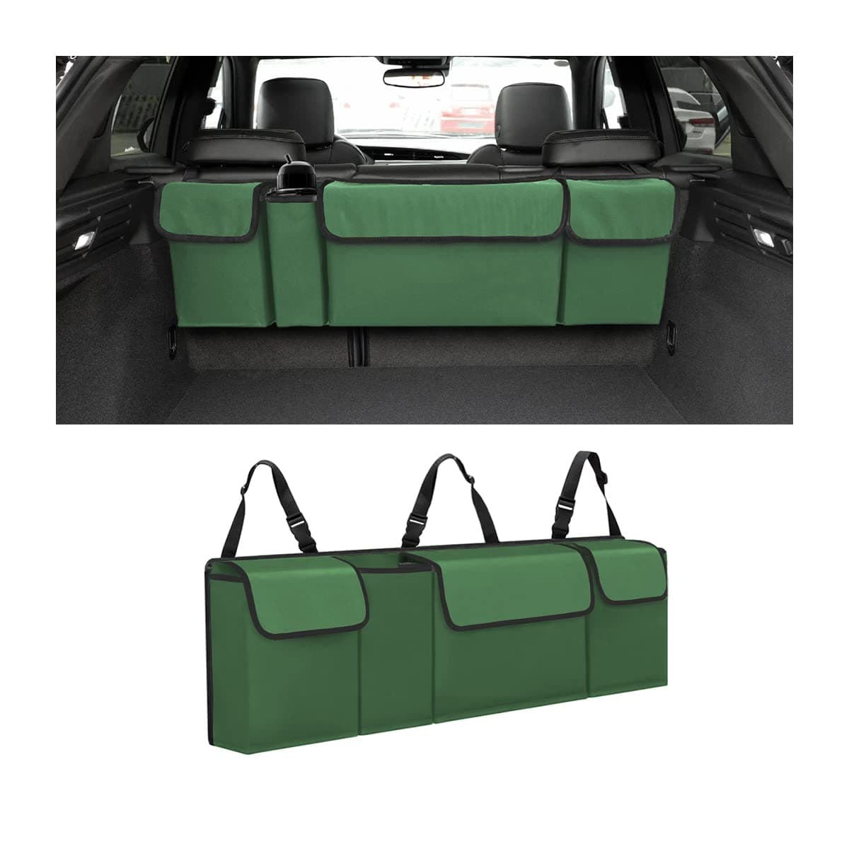 AUCELI Car Trunk Organizer, Backseat Hanging Large Storage with Adjustable Straps, Waterproof Collapsible Cargo Bag with 4 Pockets, Sturdy Space Saver Frees Trunk Floor for SUV, Truck, MPV