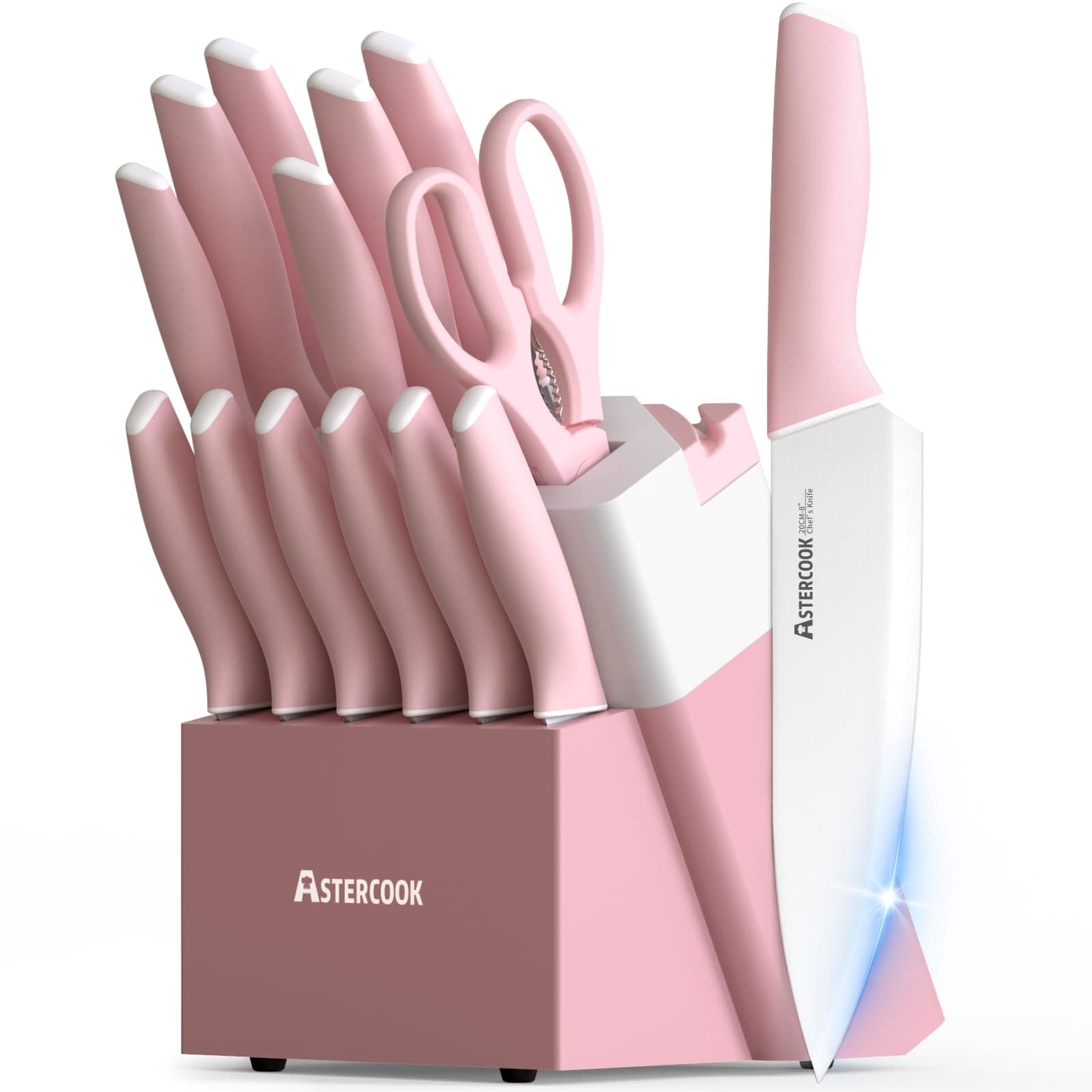 Astercook Knife Set, Kitchen Knives Set with Block and Sharpener 15 Pcs German Stainless Steel Knives Sharp Blade Dishwasher Safe Deba Knives with Ergonomic Handle, Crystal Pink