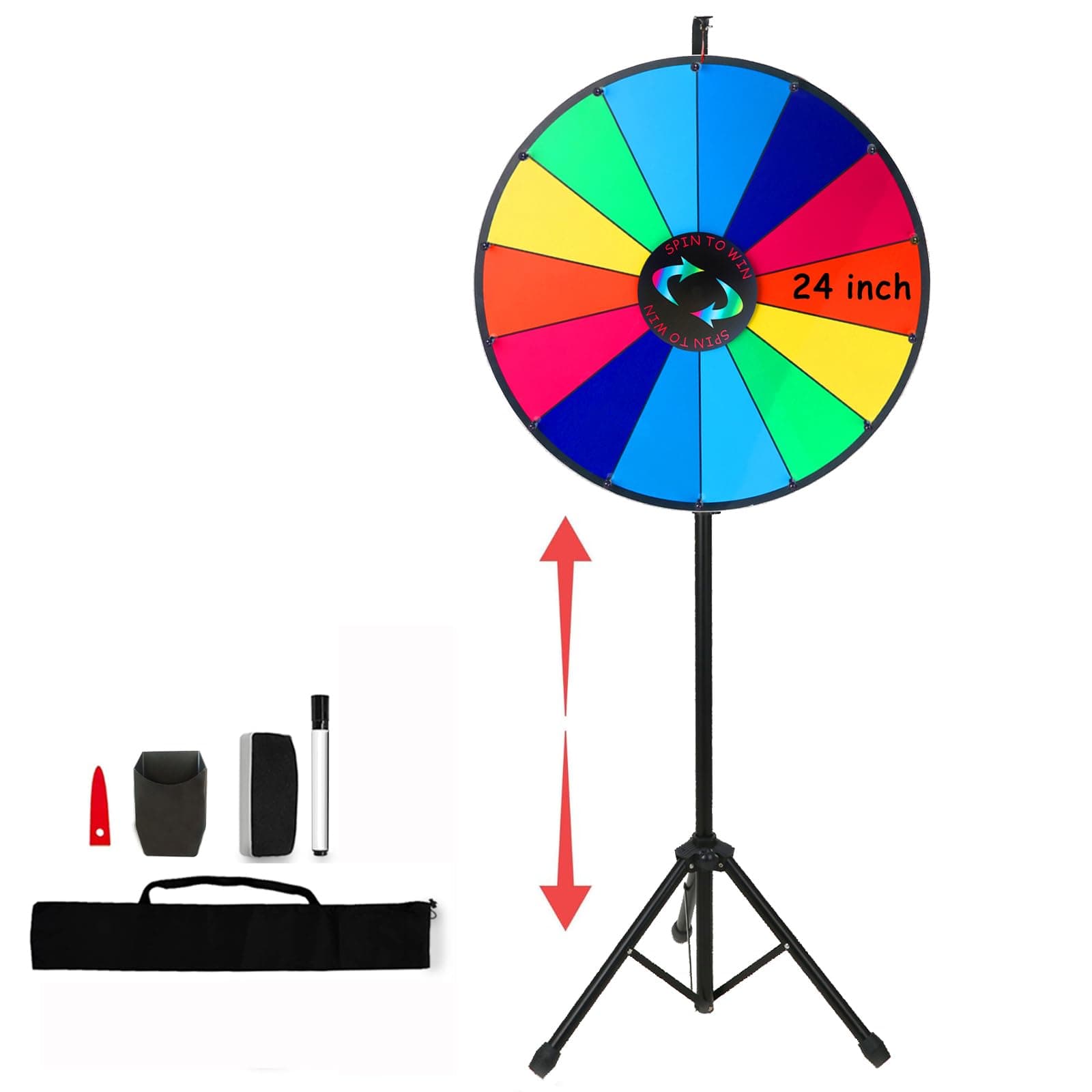 24 Inch Spinning Prize Wheel with Folding Tripod Floor Stand, 14 Slots Color Dry Erase Spin Wheel Spinner 44”-60” Height Adjustable with Dry Eraser & Marker for Game Carnival Trade Show