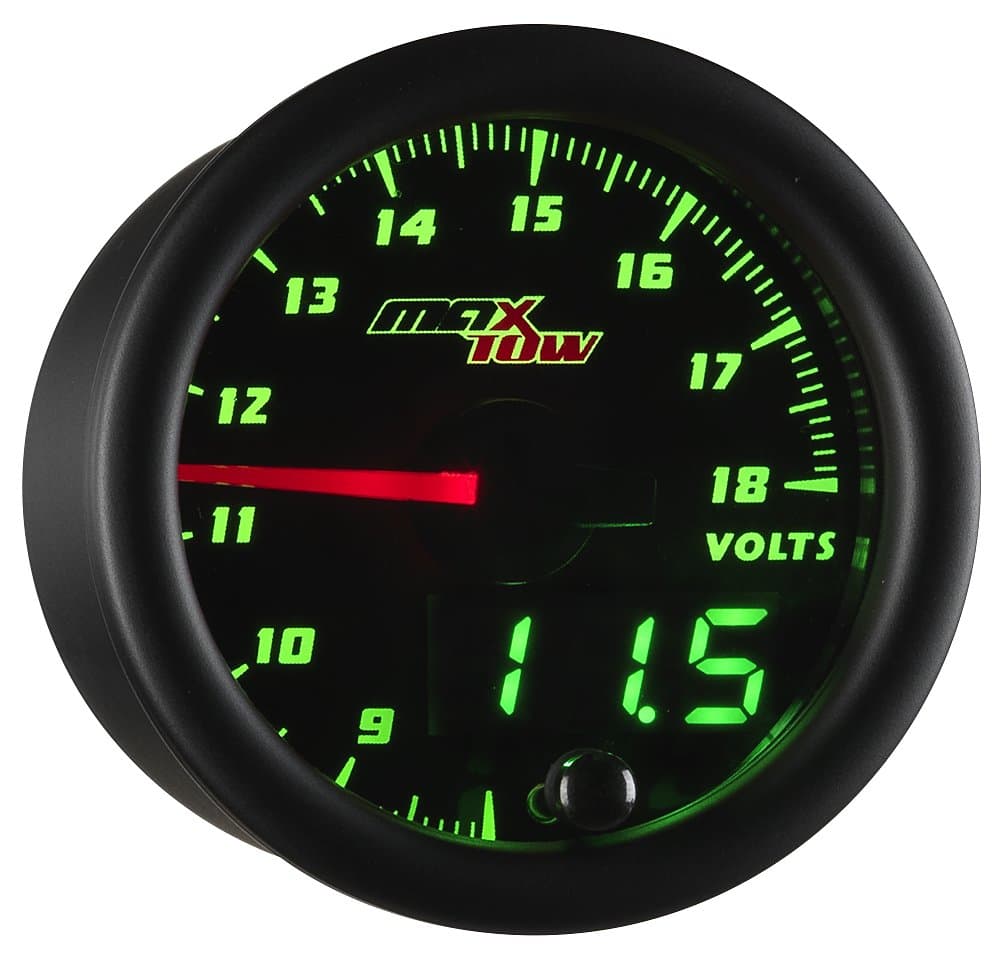 MaxTow Double Vision Volt Voltmeter Gauge - Voltage Range 8-18 Volts - Black Gauge Face - Green LED Illuminated Dial - Analog & Digital Readouts - for Trucks - 2-1/16" 52mm