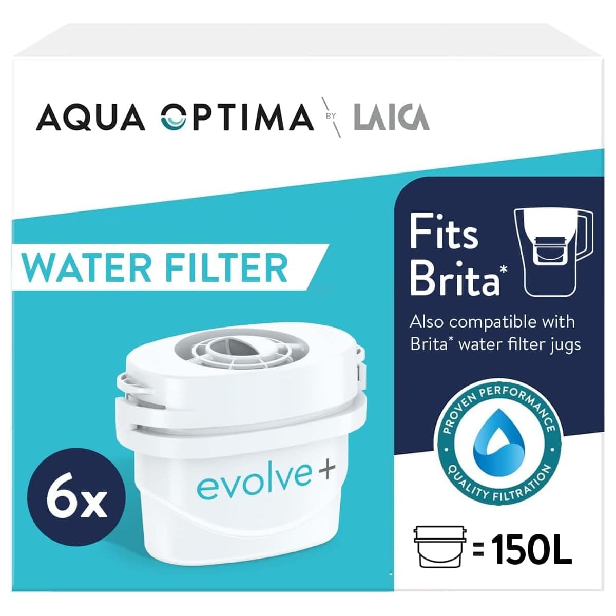 Evolve+ Water Filter Cartridge 6 Pack (6 Month Supply) Compatible with Brita Maxtra+ & PerfectFit*, 5-Stage Filter System Reduces Chlorine, Limescale and Other Impurities