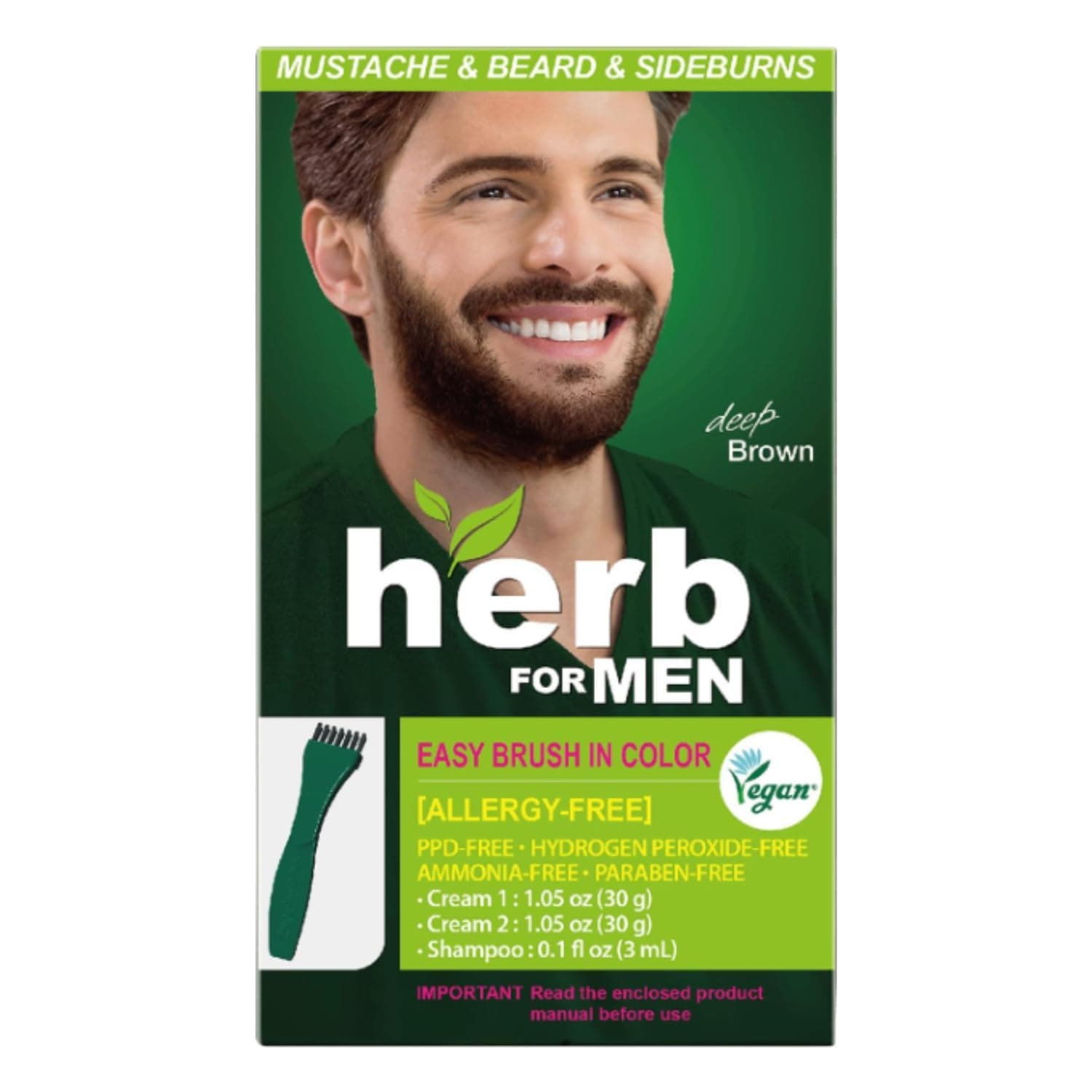 Herb For Men Mustache & Beard Dye (Deep Brown, 1 Pack), PPD-Free Ammonia-Free, Vegan with Natural Ingredients, Gentle for Sensitive Skin, No Skin Irritation