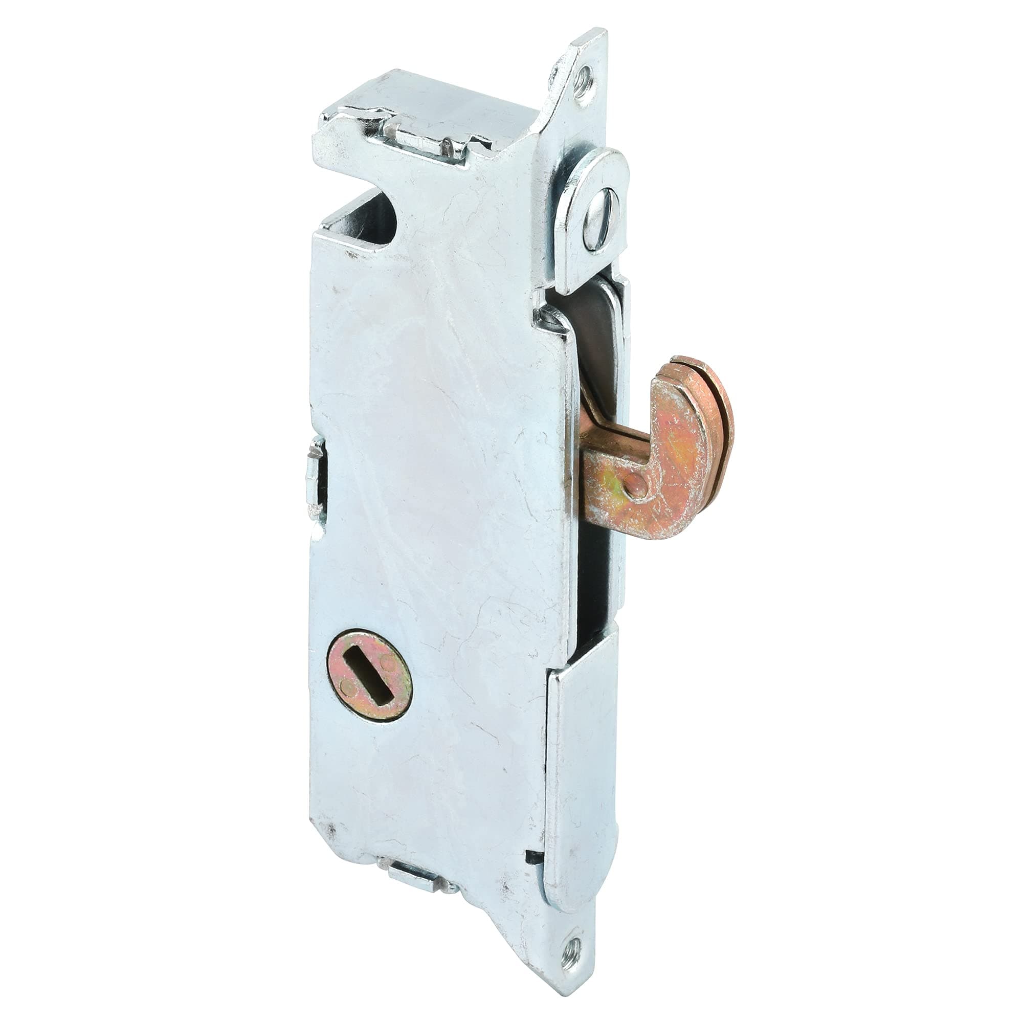 PRIME-LINE E 2014 Mortise Lock - Adjustable, Spring-Loaded Hook Latch Projection for Sliding Patio Doors Constructed of Wood, Aluminum and Vinyl, 3-11/16â€Â, 45 Degree Keyway, Round Face