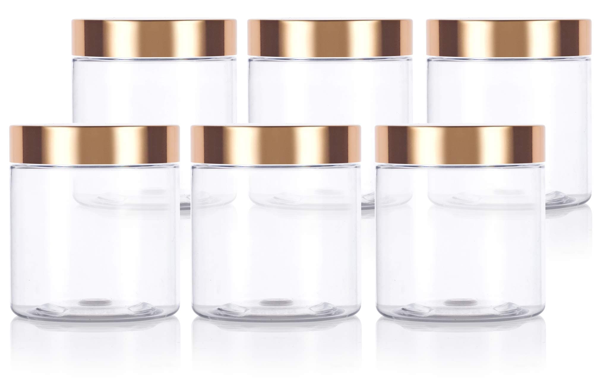 8 oz / 240 ml Clear PET Plastic Refillable Jar with Luxury Gold Metal Overshell Lid (6 Pack)