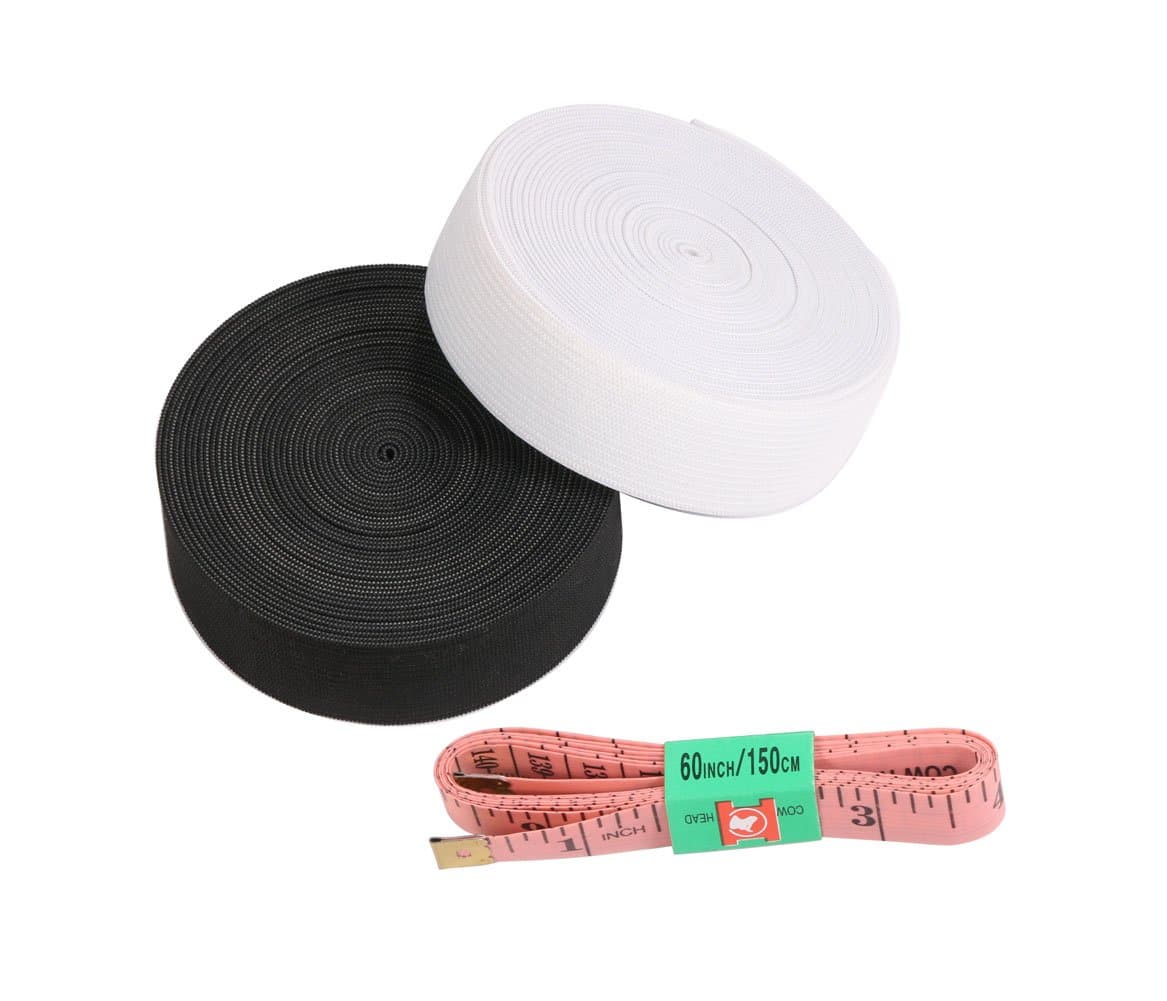 1” Wide 5.5 Yards Long Flat Elastic Band Spool Elastic Cord Elastic Sewing Bands, 2 Pieces Elastic Bands, Black and White, with 1 Piece of 1.5m Measuring Tape