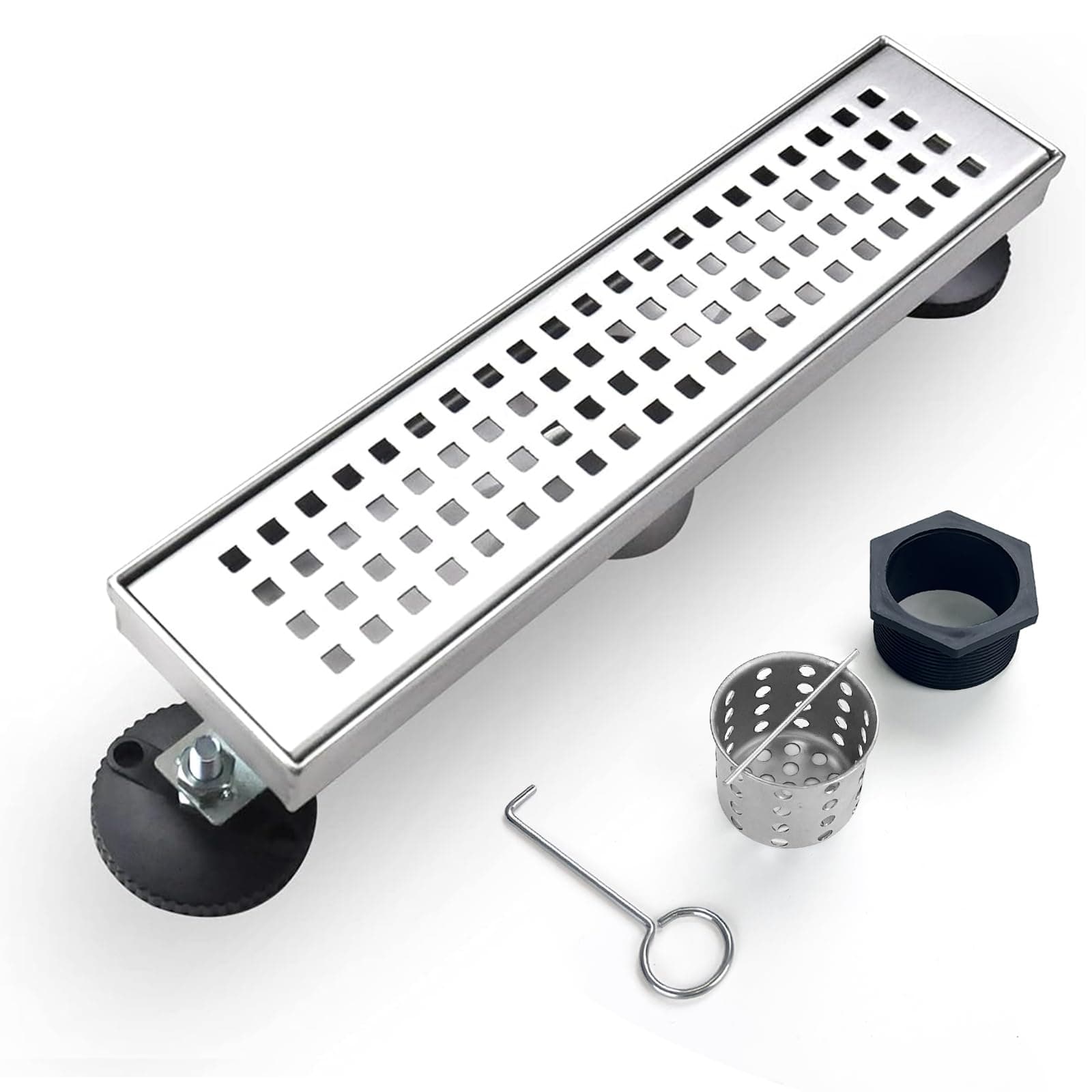 - Elefloom Linear Shower Drain, 12 inch Drain with Removable Grate Cover, Brushed 304 Stainless Steel Shower Floor Drain, Linear Drain with Hair Strainer and Adjustable Feet