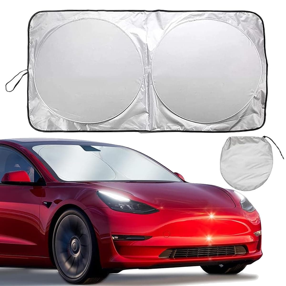 ECVV Car Windshield Sun Shade 150x72cm with Storage Pouch Foldable Front Window Reflective Sunshade Blocks UV Rays Sun Heat Visor Protector, Keep Vehicle Cool 150x72cm, Black&Silver