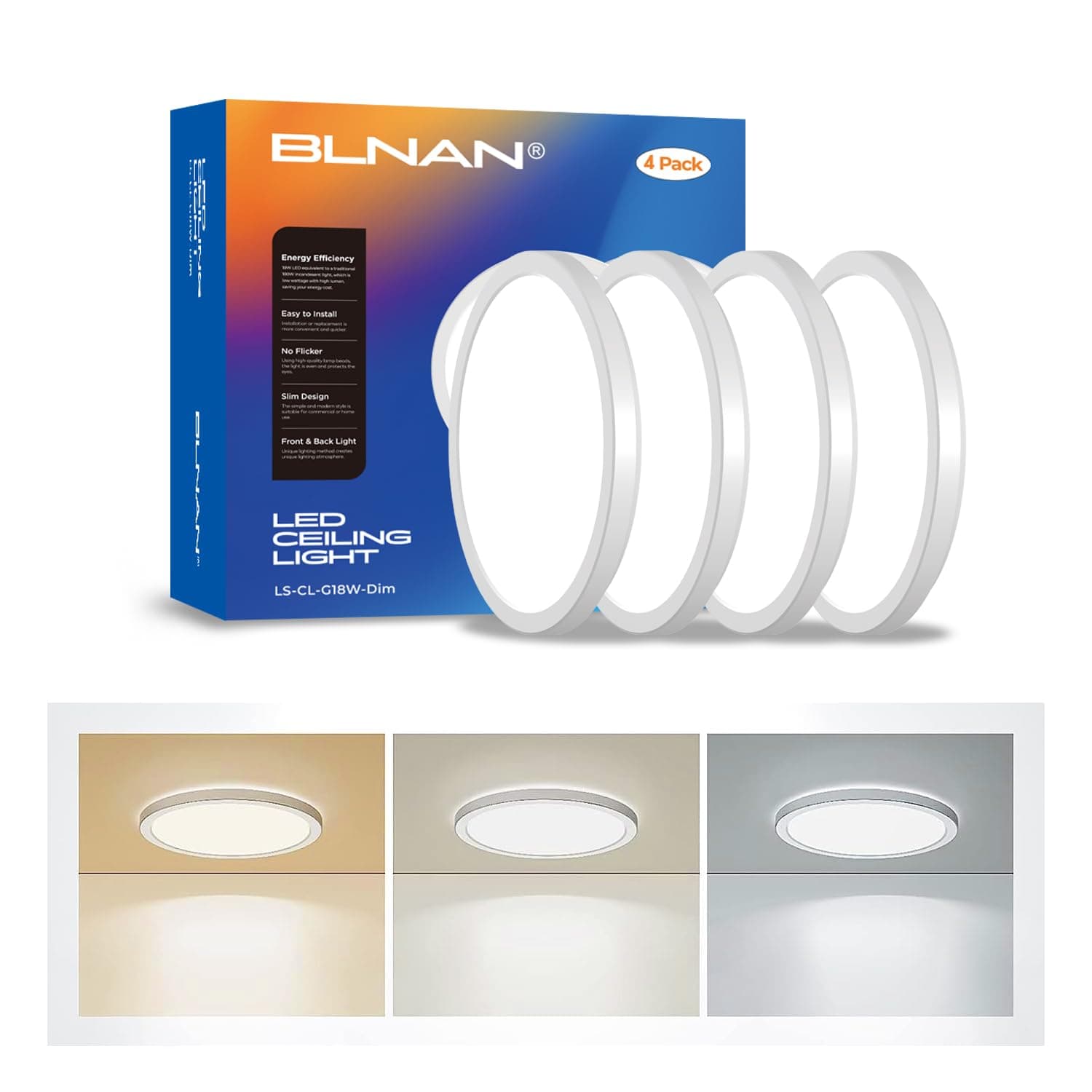 BLNAN LED Flush Mount Ceiling Light, 8.66 Inch 18W 3000K/4000K/5000K Hardwire Light Fixture, Ultra Thin Round White Lamp for Kitchen Porch Bedroom Hallway Stairwell Basement, Non-dimmable 4 Pack
