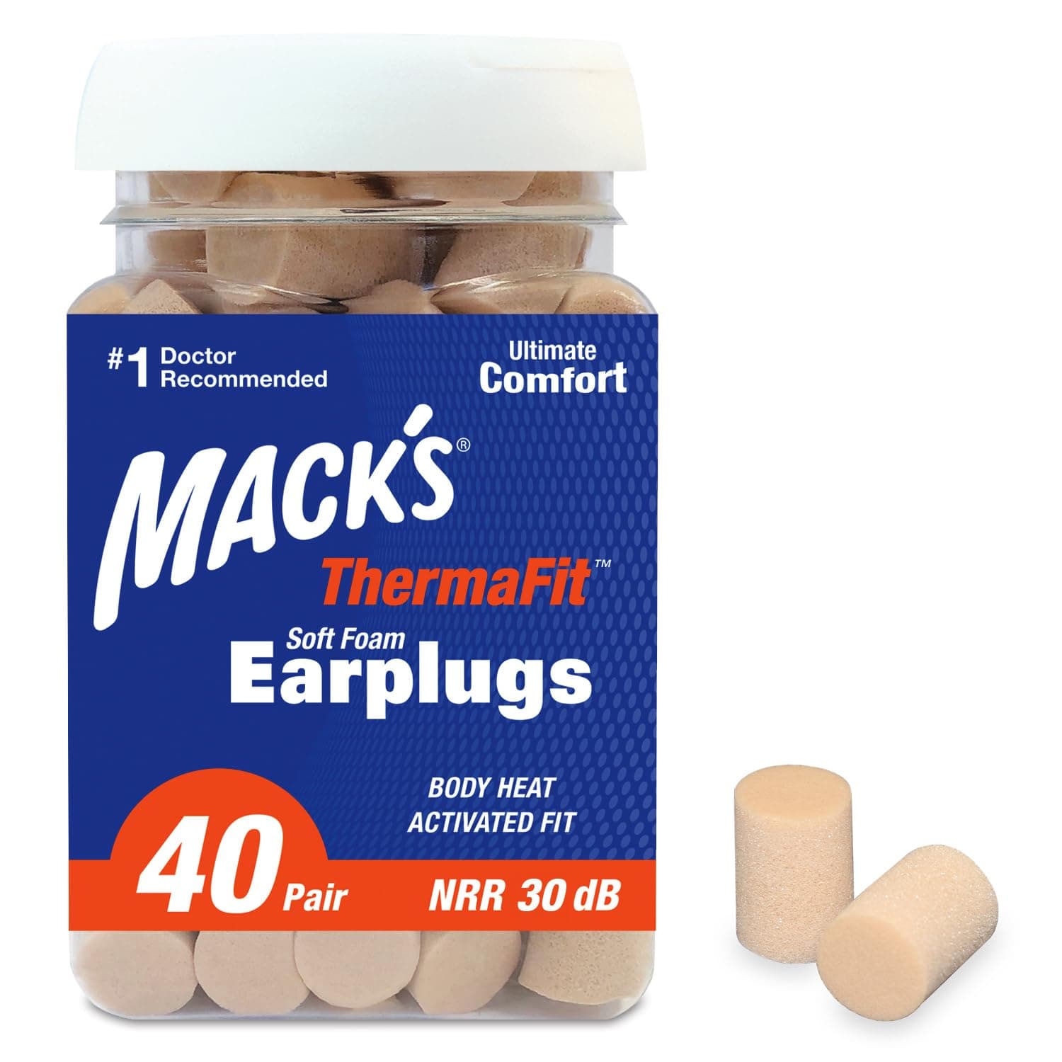 Mack's ThermaFit Soft Foam Earplugs, 40 Pair - Comfortable Ear Plugs for Sleeping, Snoring, Work, Travel & Loud Events