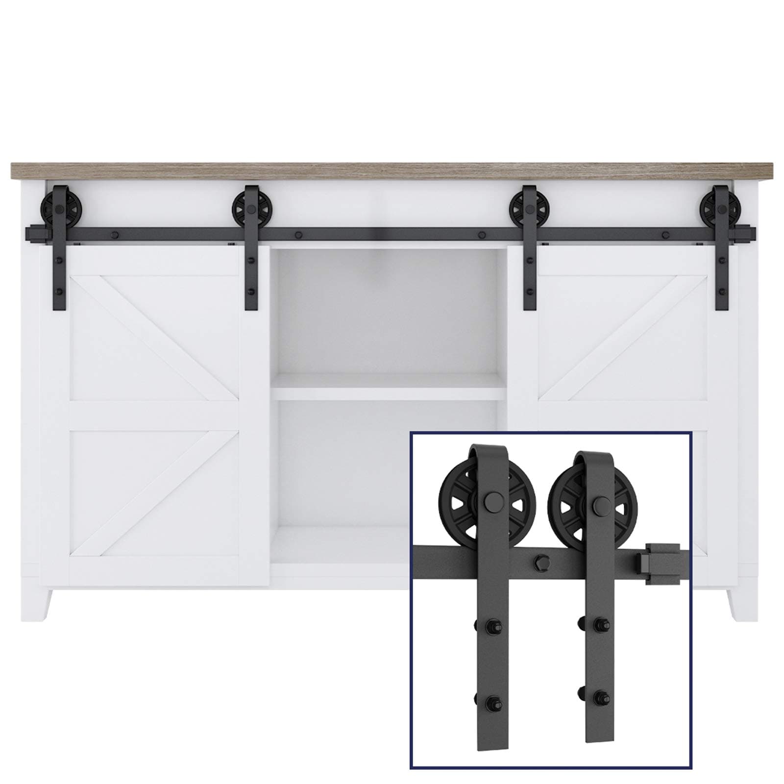 SMARTSTANDARD 5FT Mini Sliding Barn Door Hardware Track Kit -Super Smoothly and Quietly -for Double Opening Cabinet, TV Stand, Closet, Window -Fit 15" Wide Door Panel -Big Wheel Hanger (NO Cabinet)