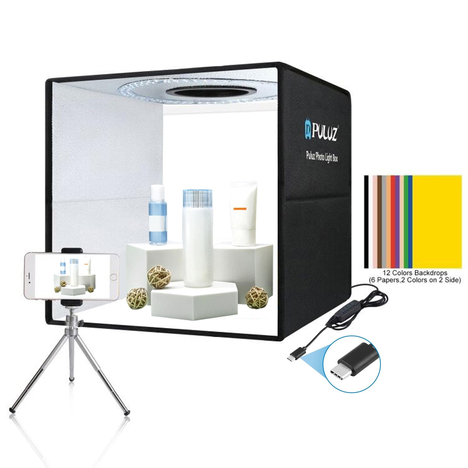 Photo Studio Box, 40cm Folding Lightbox LED Ring Light Portable Photo Studio Photography Shooting Tent Box Kit 12 Colors Backdrops USB Light Box for Phones DSLR Camera 16 x 16 inch