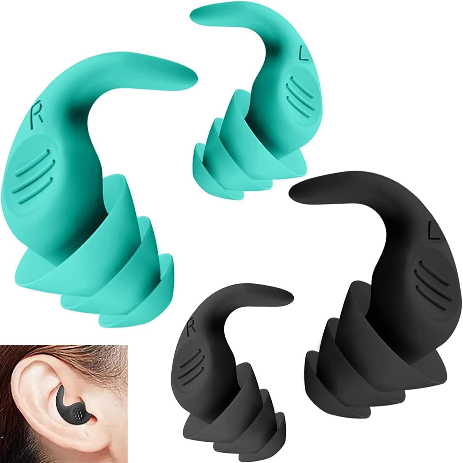 Xspring Ear Plugs for Sleeping, 2 Pairs Noise Reduction Earplug with Case, Reusable Sound Blocking Ear Plugs, Waterproof Soft Silicone Earplugs for Snoring, Airplane, Protection Hearing (Black, Green)