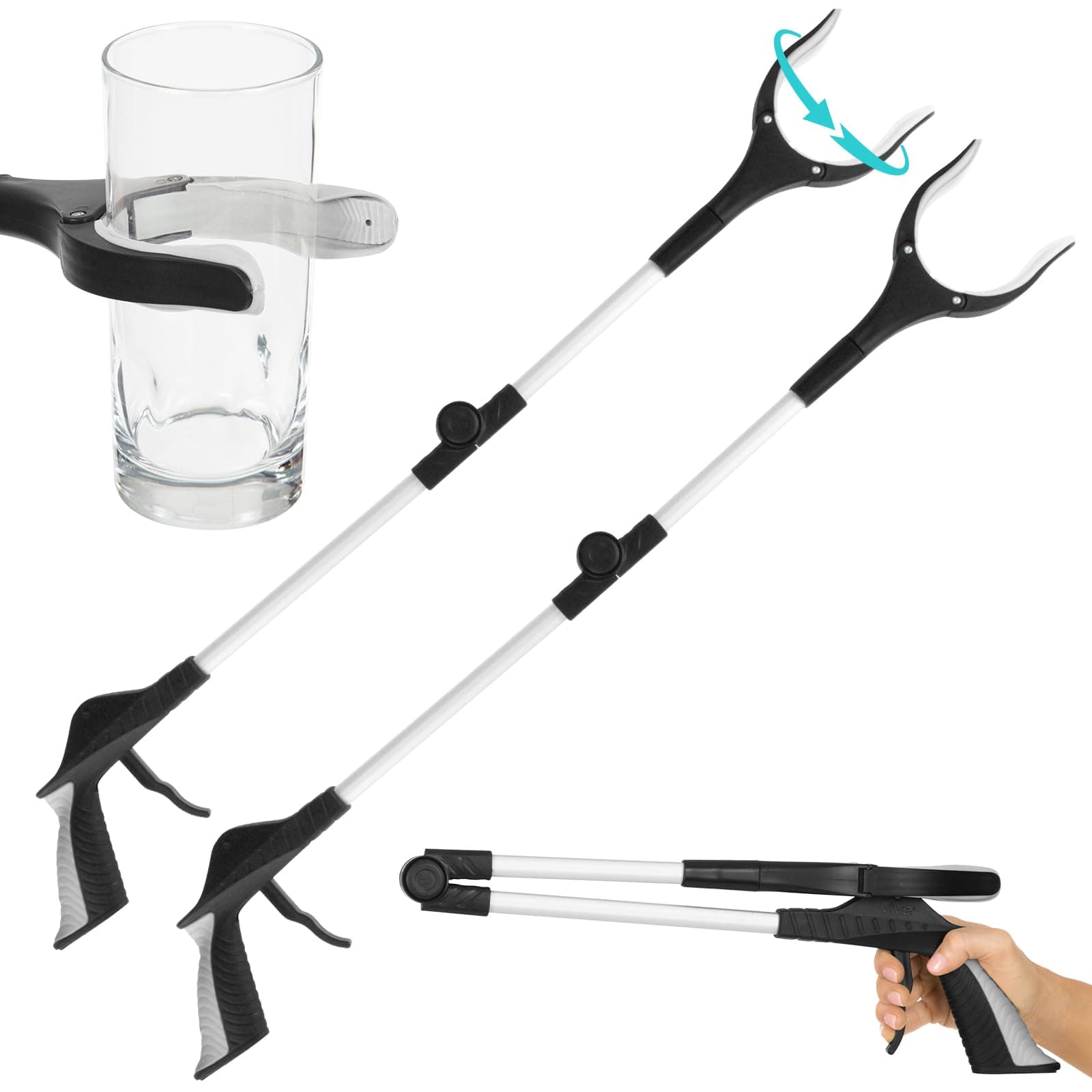 32" Grabber Reacher Tool (2 Pack) - Foldable Pickup Stick with Rotating Jaw & Sensitive Trigger - Heavy Duty Mobility Grip Hand Aid - Extra Reach Extender Claw for Seniors, Elderly, Handicap
