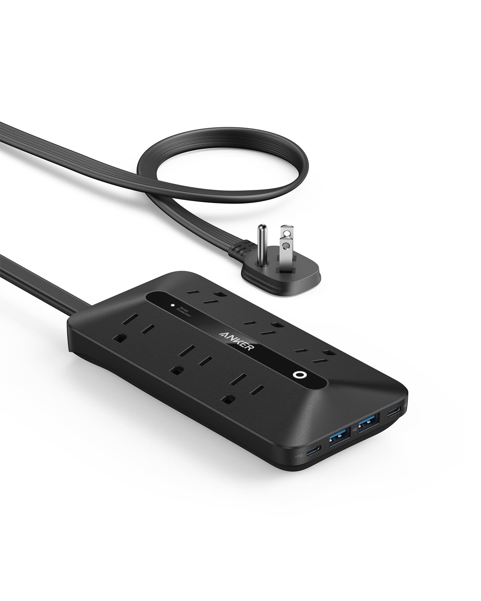 Flat Plug Power Strip, Anker USB C Power Strip, 10-in-1 Ultra Thin Power Strip with 6 AC, 2 USB A and 2 USB C Ports,5ft Extension Cord, Desk Charging Station,Home Office College Dorm Room Black