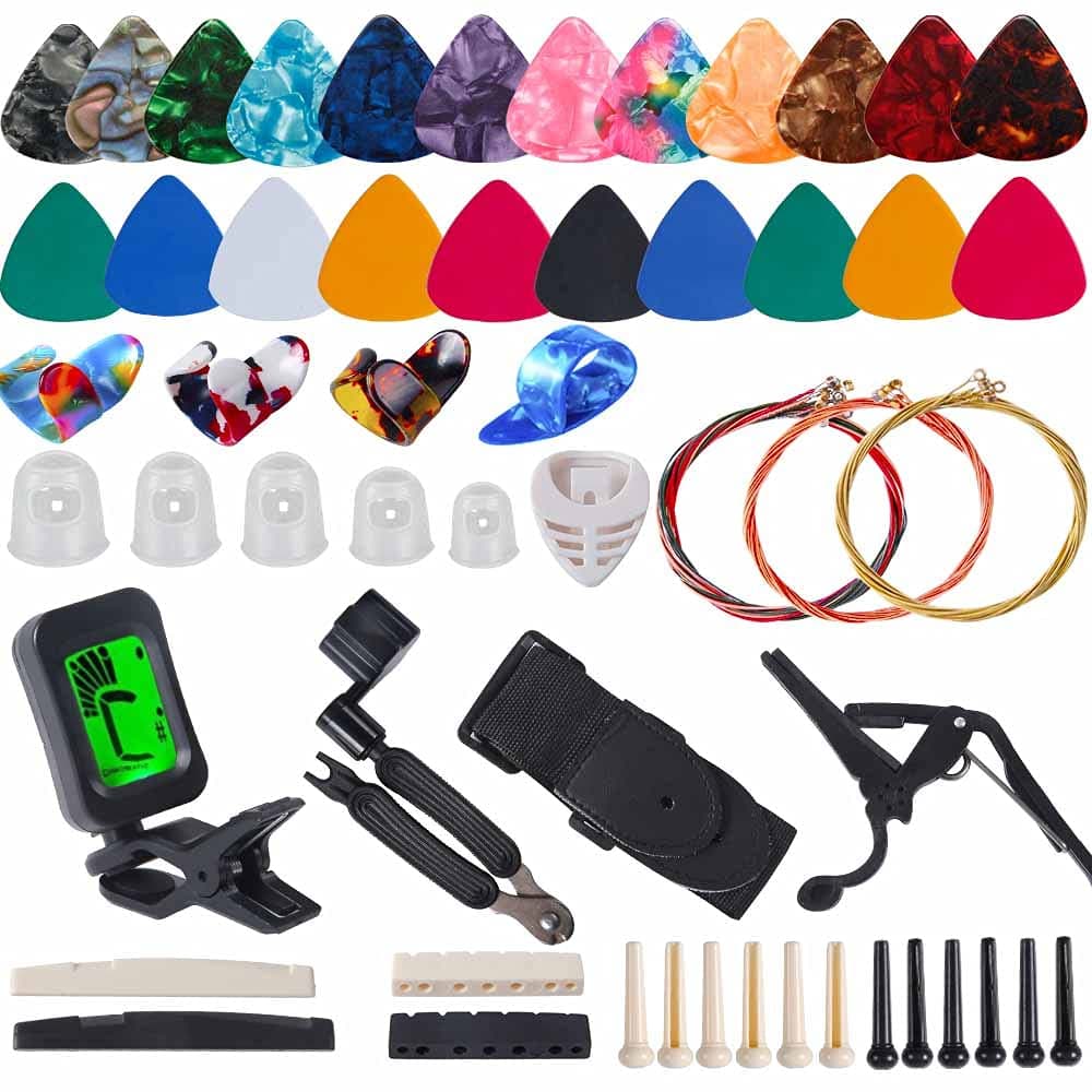 BYMOREGuitar Accessories Kit Include Guitar Strings, Guitar Picks,Guitar Bridge Nut & Saddle,Bridge Pins, Tuner, Capo,Strap,Pick Holder, Restring Tool,Finger Protector,Finger Guitar Picks…