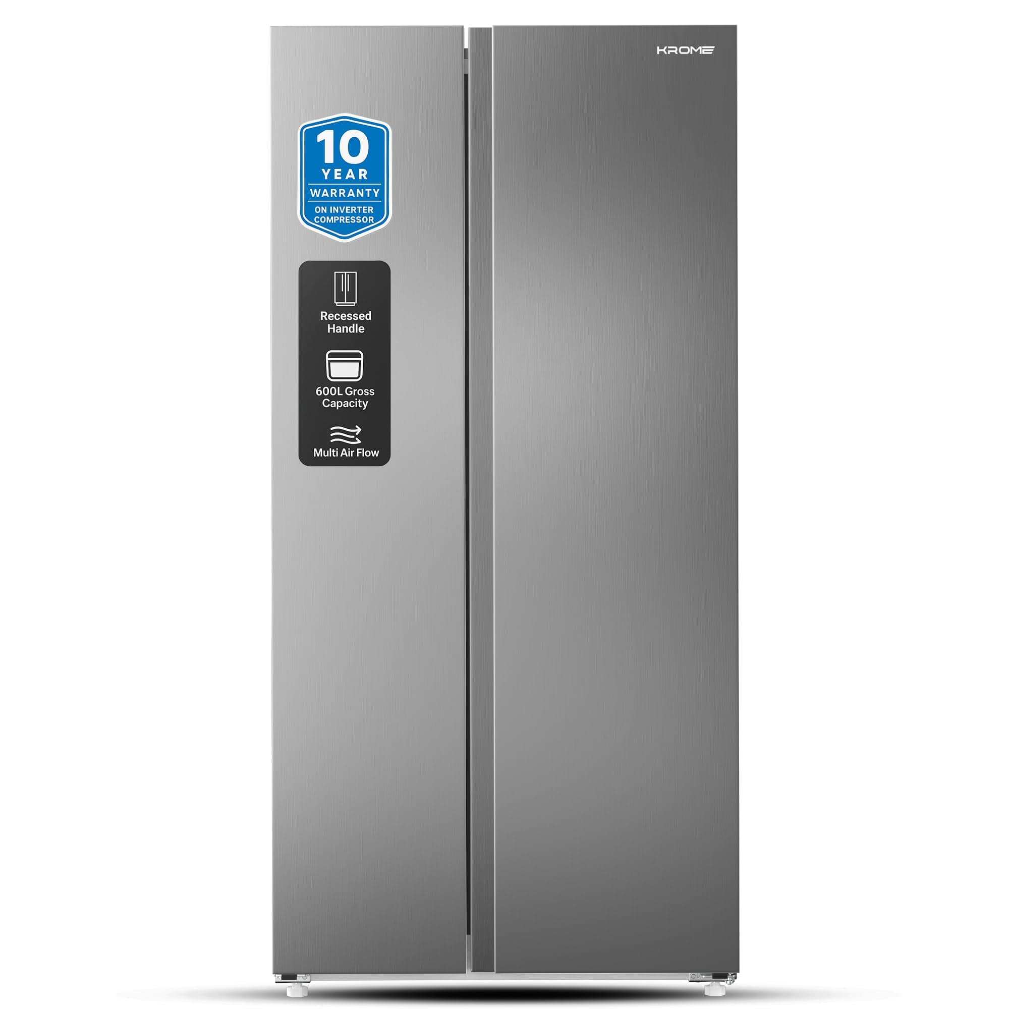KROME 600L Gross, Side By Side Refrigerator with Multi Air Flow System, Door Alarm, No Frost Cooling System, 10 Year Compressor Warranty, Silver- KR-SBS601SM