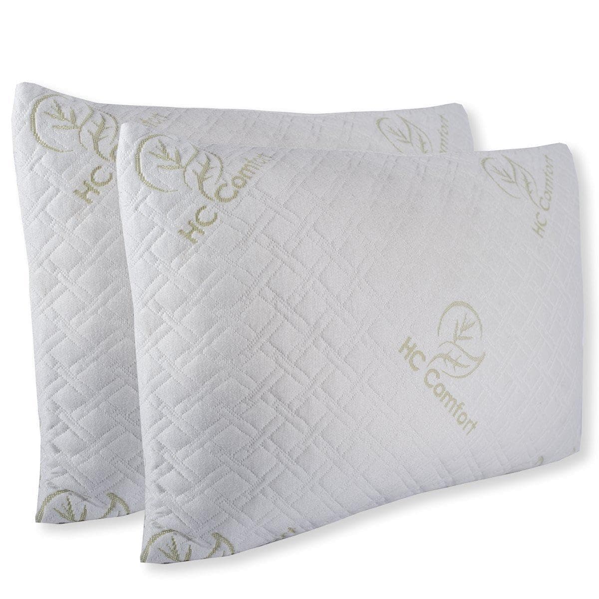 HC Comfort Premium Memory Foam Pillows - Queen Size - Set of 2 - Stay Cool Bamboo Cover with Zipper - Hypoallergenic and Dust Mite Resistant
