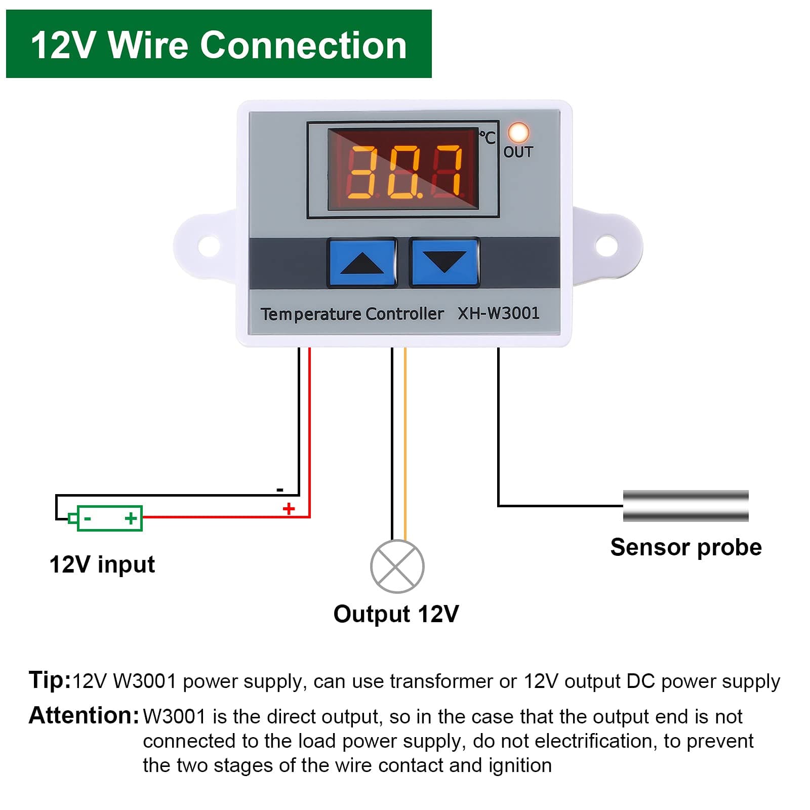 XH-W3001 Digital LED Temperature Controller Module Digital Thermostat Switch with Waterproof Probe Programmable Heating Cooling Electronic Thermostat Range from -50℃ to 110℃ (12V 10A 120W) (2 Pieces)