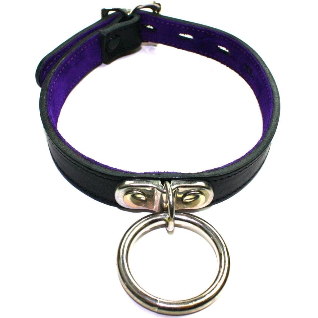 Slap Leather Small Neck Collar with Ring in Black Leather with Purple Suede Lining