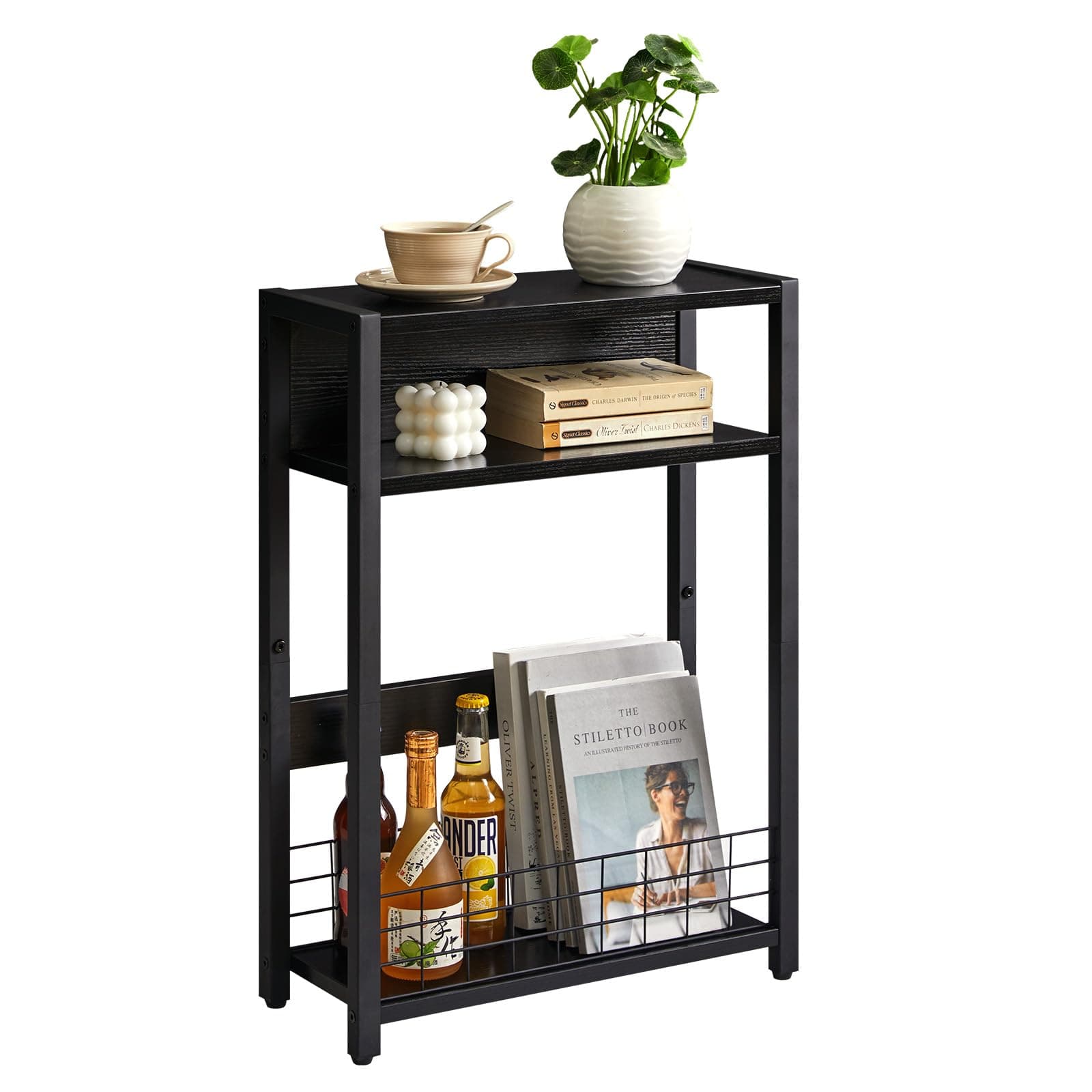IBUYKE Narrow Side Table with Storage Shelf, 3 Tier End Table,Modern Sofa Table,Small Nightstand with Magazine Rack,Telephone Table for Small Spaces,for Living Room, Bedroom, Black TMZ001B