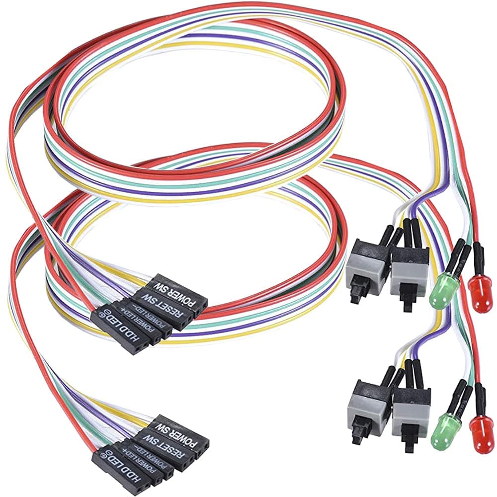 2-Pack Computer Case LED Light Red Green ATX Power Supply Reset HDD Switch Cable 27-inch Long ATX Case Front Bezel Wire Kit
