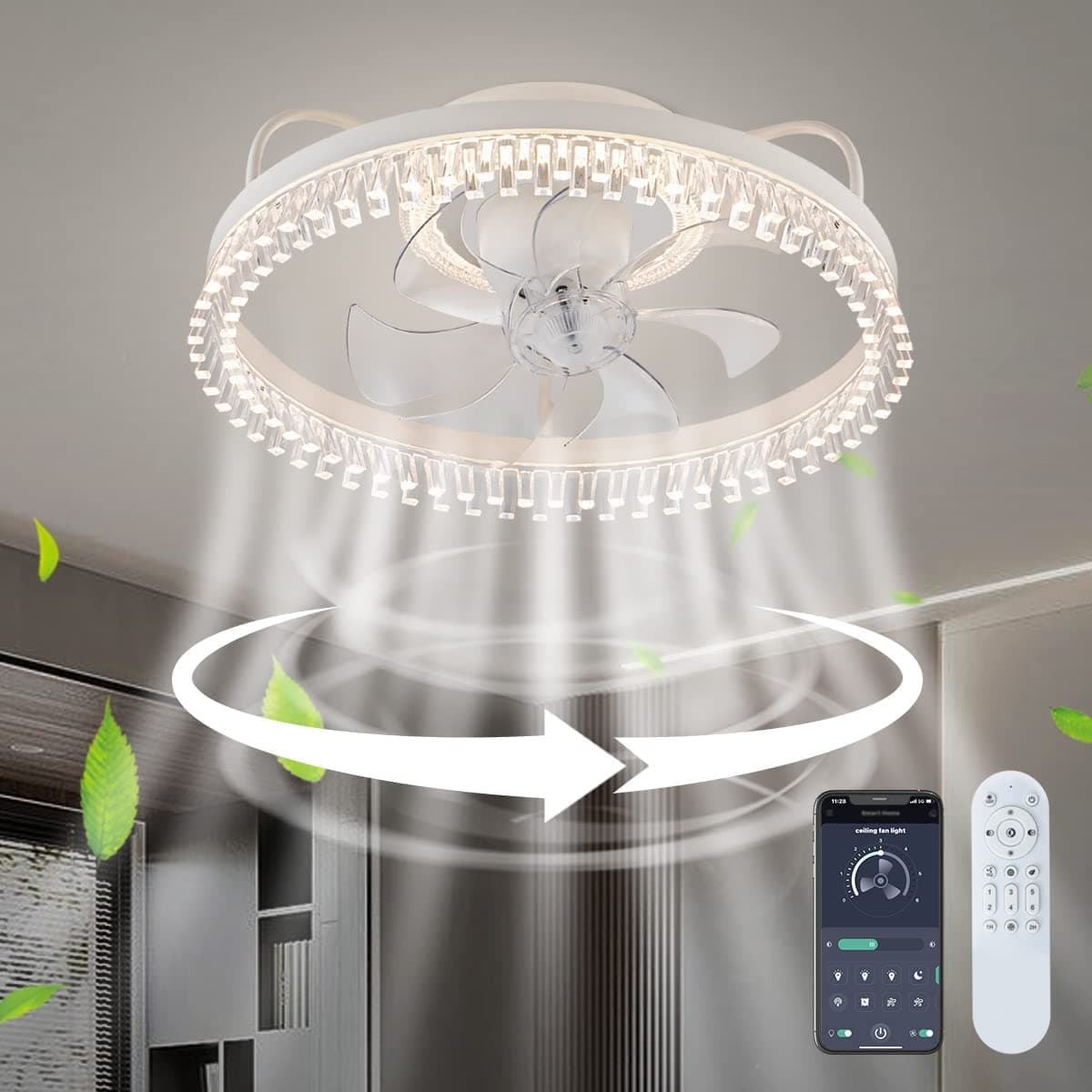 Ceiling Fans with Lights, Adjustable Warm and Cool LED Lights,Small Acrylic Bedroom Living Room Kitchen Ceiling Fan With 6 Wind Speeds, With Remote Control (Fashion, White)